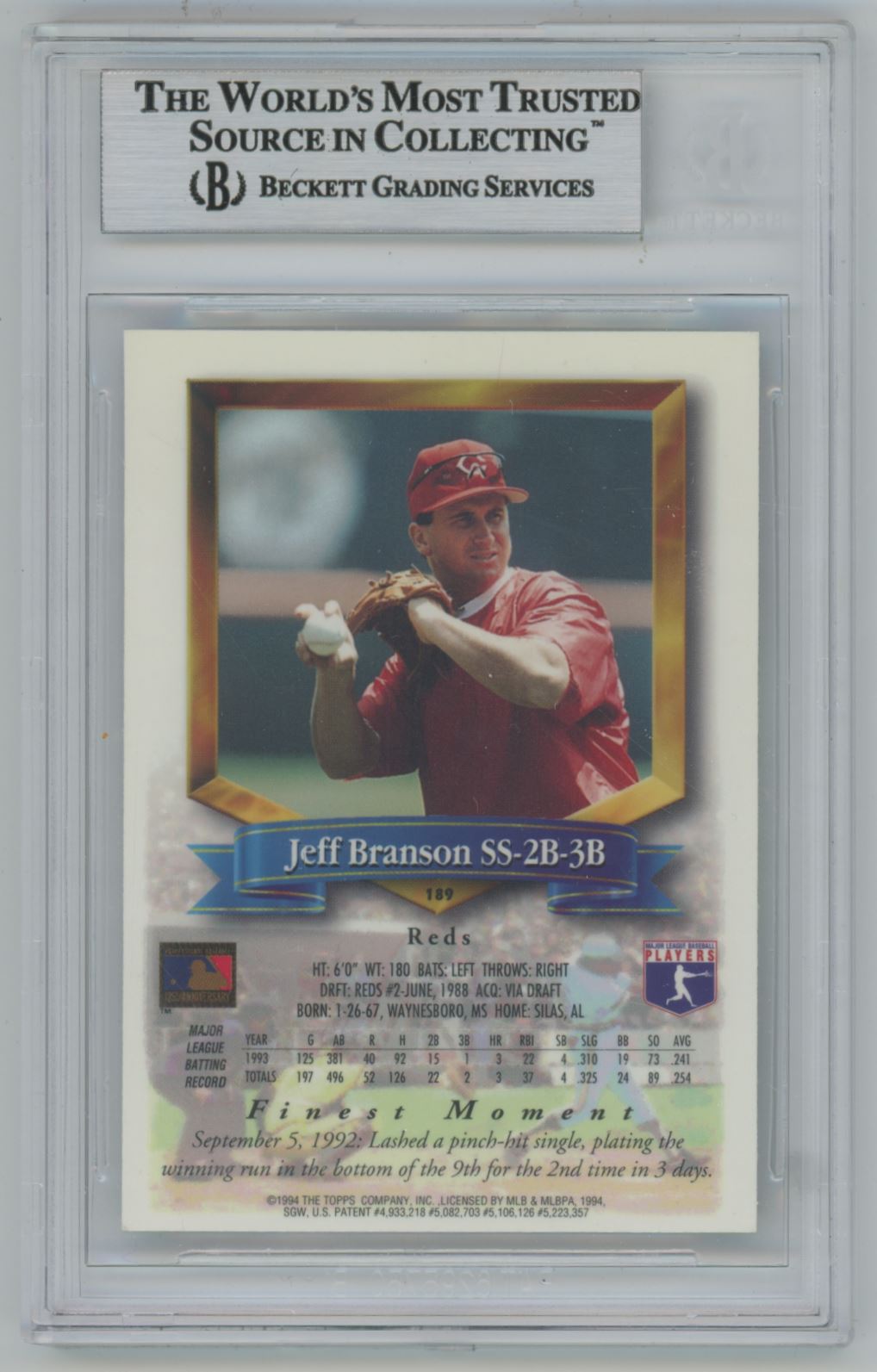 1994 Topps Finest Jeff Branson #189 Auto - Beckett Authentic