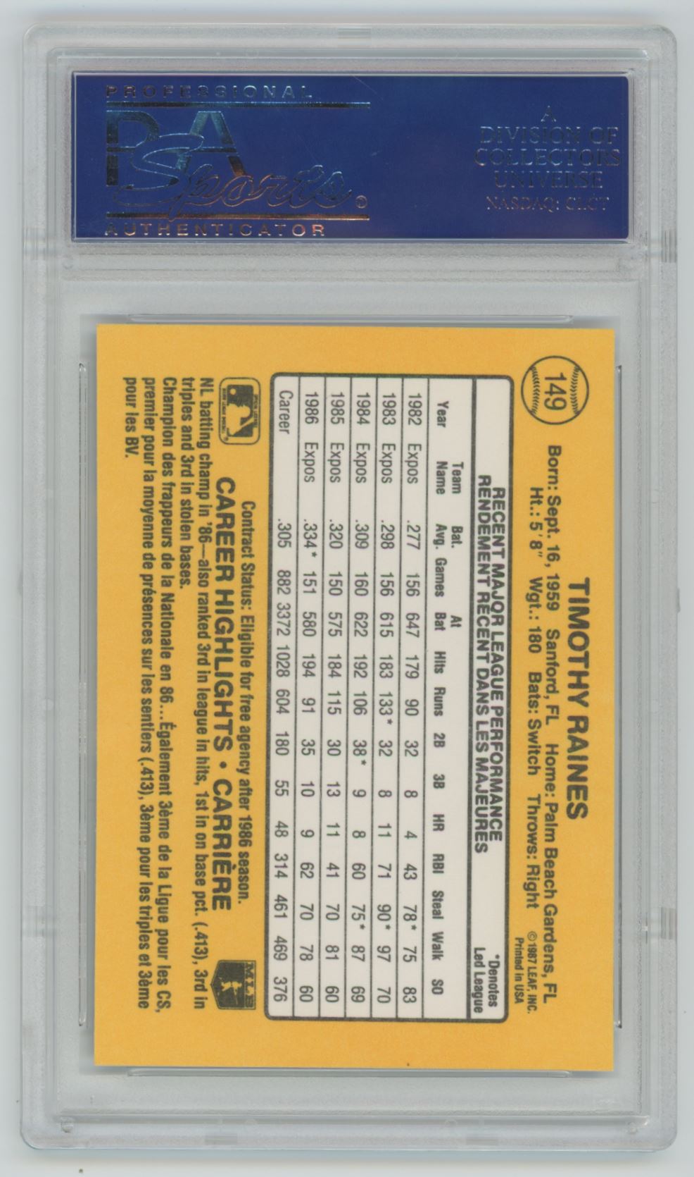 1987 Leaf Tim Raines #149 - PSA 10