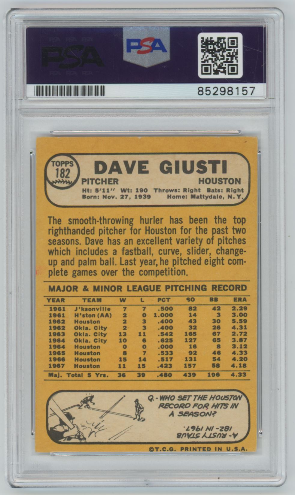 1968 Topps Dave Giusti Auto - PSA/DNA Authentic (8157)