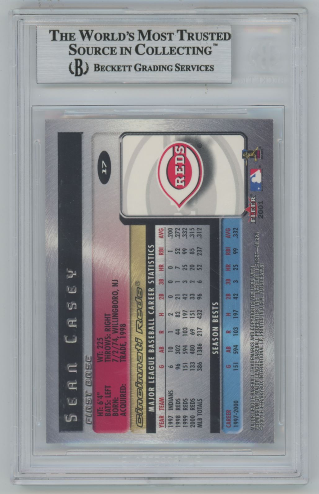 2001 Fleer Futures Sean Casey #17 Auto - Beckett Authentic