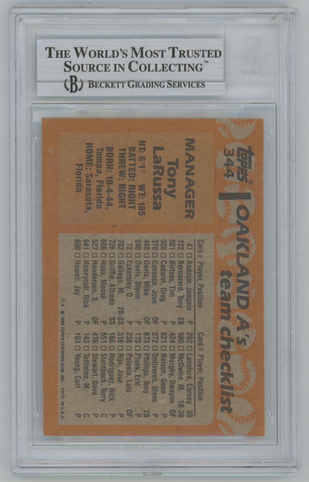 1988 Topps #344 Tony Larussa Auto - Beckett Authentic