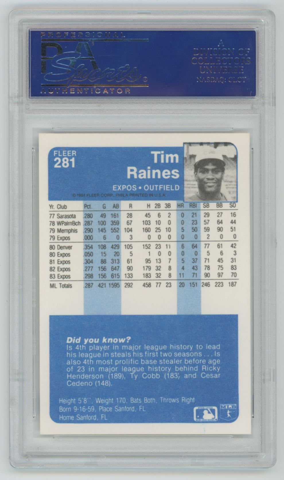 1984 Fleer Tim Raines #281 - PSA 10
