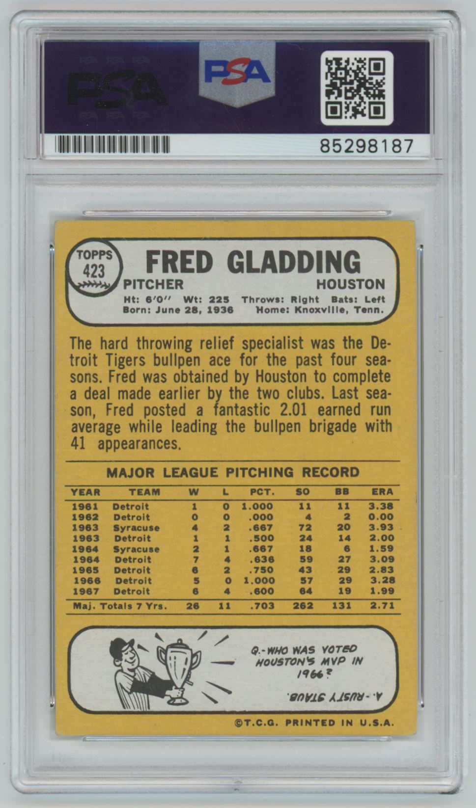 1968 Topps Fred Gladding Auto - PSA/DNA Authentic (8187)