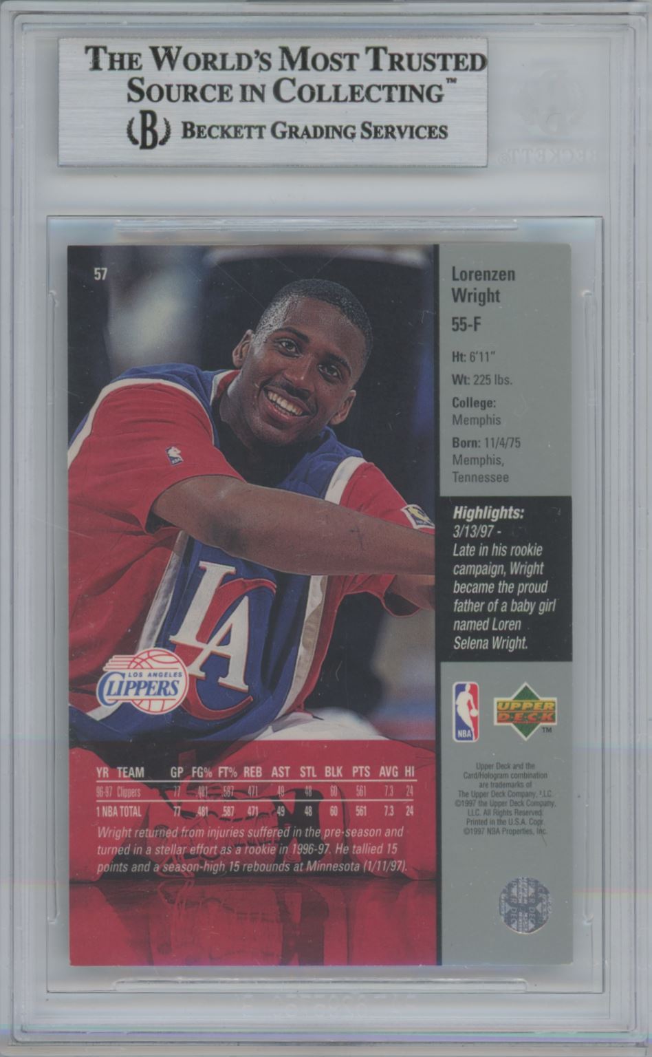 1997-98 Upper Deck #57 Lorenzen Wright Auto - Beckett Authentic
