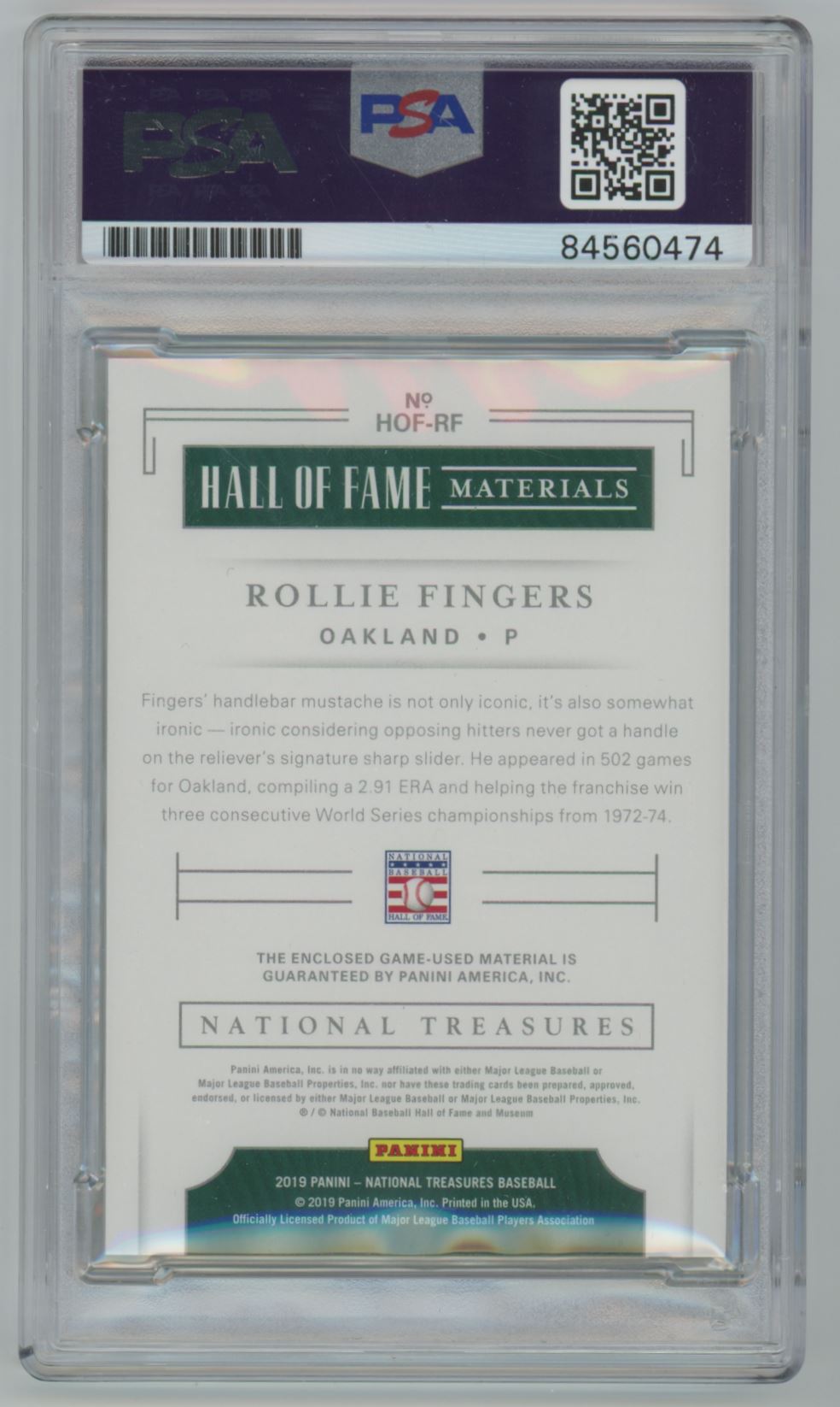 2019 National Treasures Rollies Fingers Game Used Jersey Auto - PSA/DNA