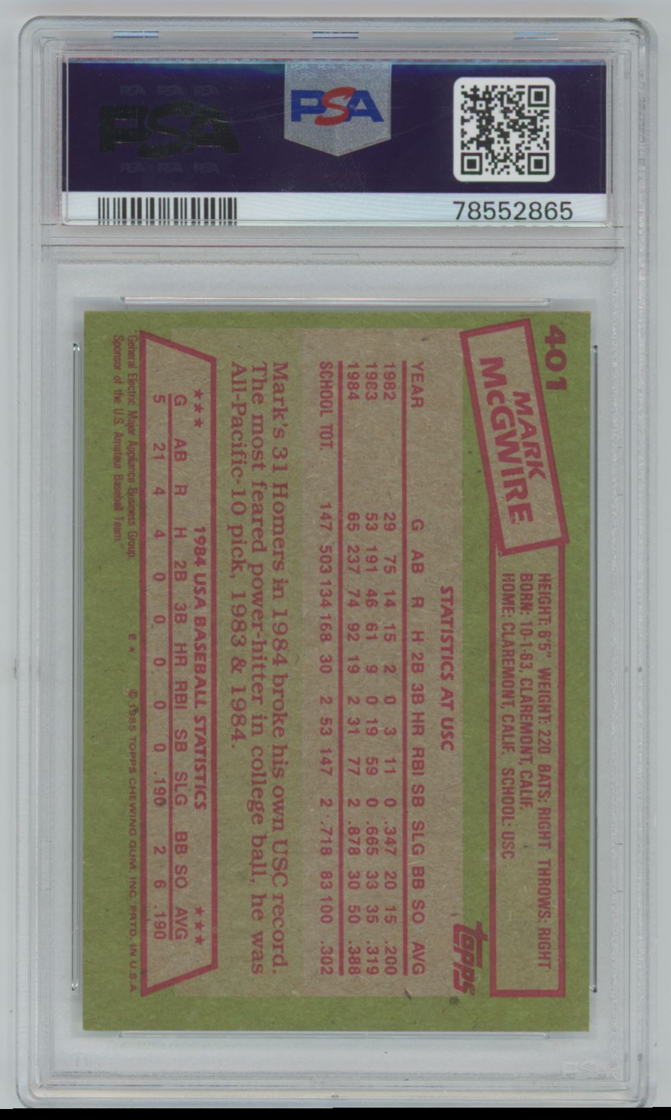 1985 Topps Mark McGwire Rookie Card OLYMPICS #401 - PSA 8 w/ 9 Auto