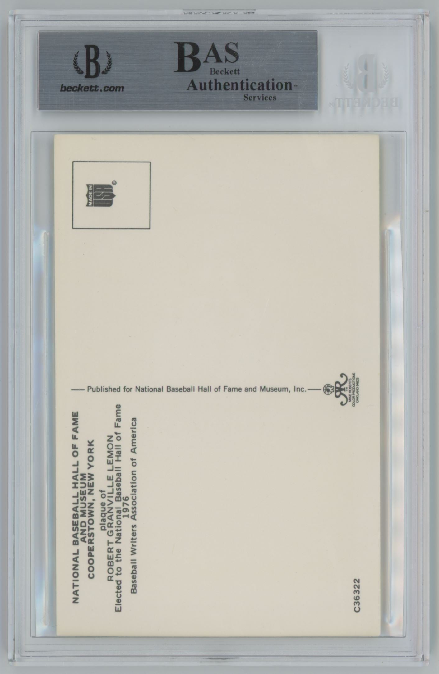 Hall of Fame Plaque Postcard Bob Lemon Auto - Beckett Authentic