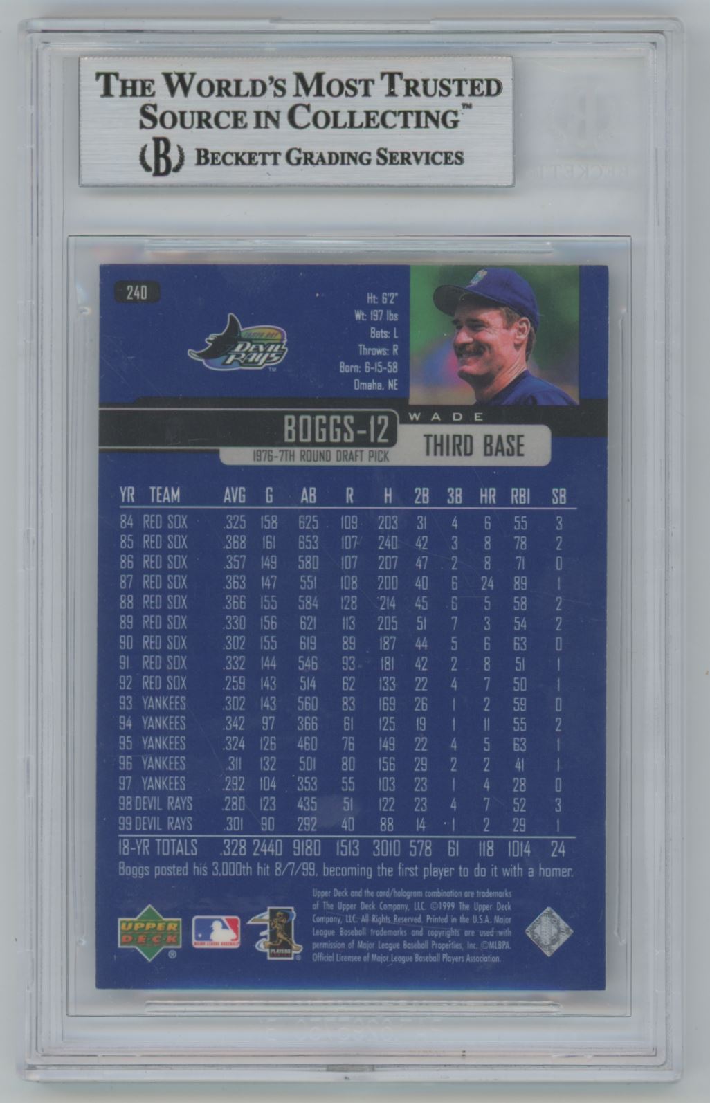 2000 Upper Deck #240 Wade Boggs Auto - Beckett Authentic (2835)