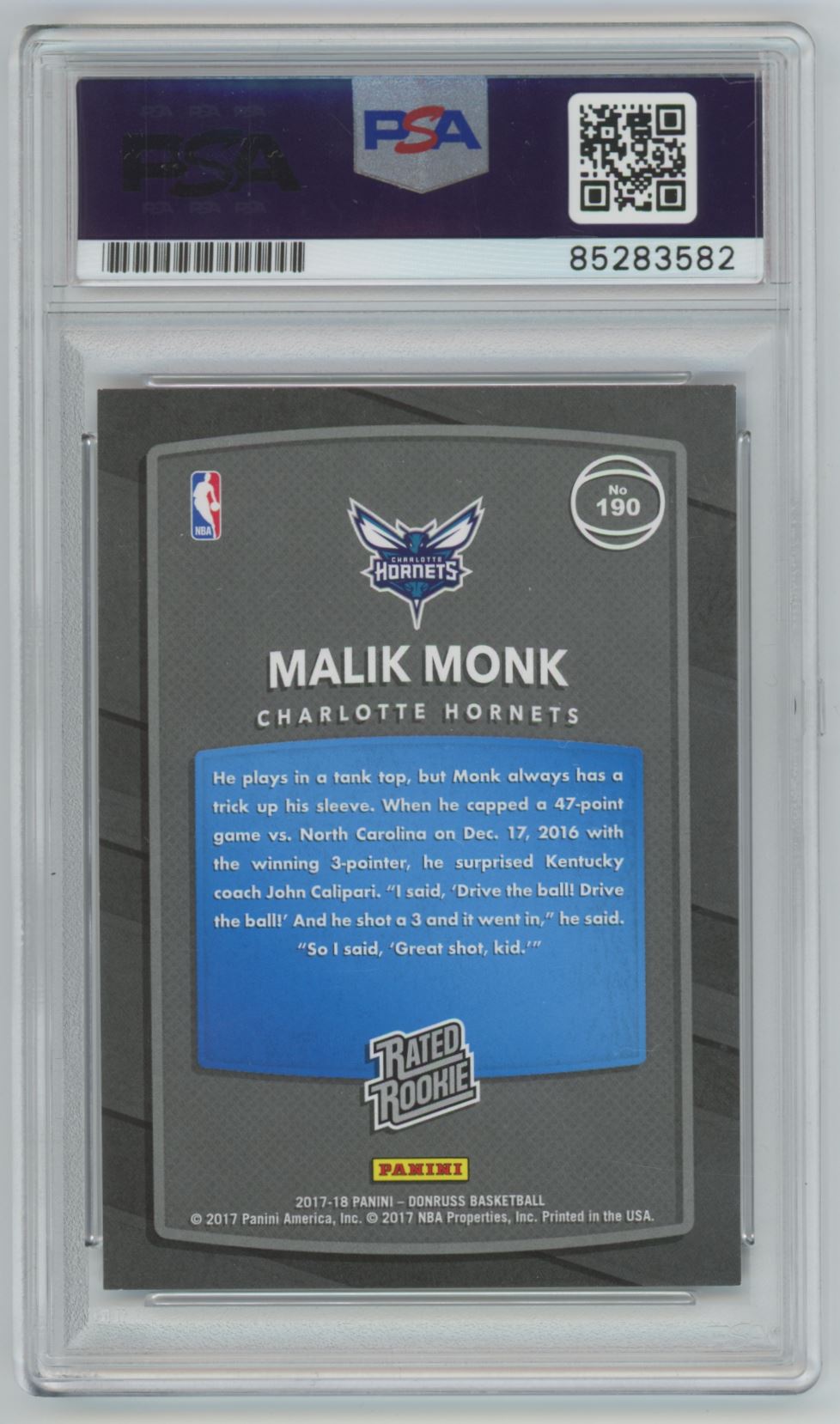 2017 Donruss Rated Rookie Malik Monk ROOKIE Auto PSA/DNA Authentic (QUANTITY AVAILABLE)
