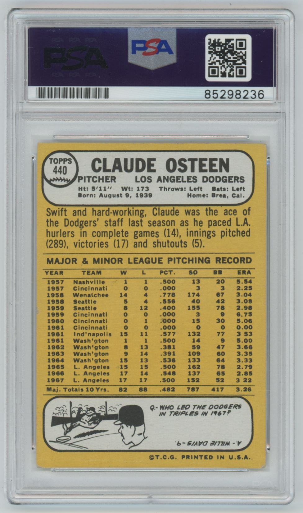1968 Topps Claude Osteen Auto - PSA/DNA Authentic (8236)