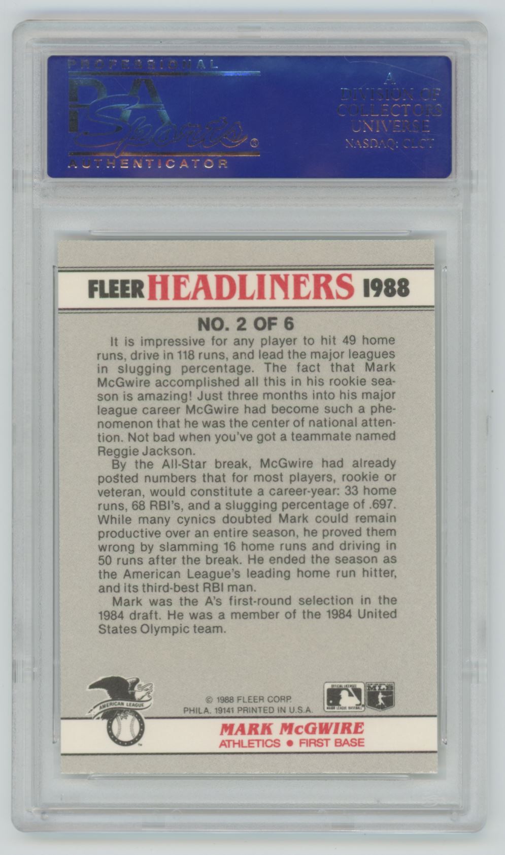 1988 Fleer Headliners Mark McGwire #2 - PSA 10