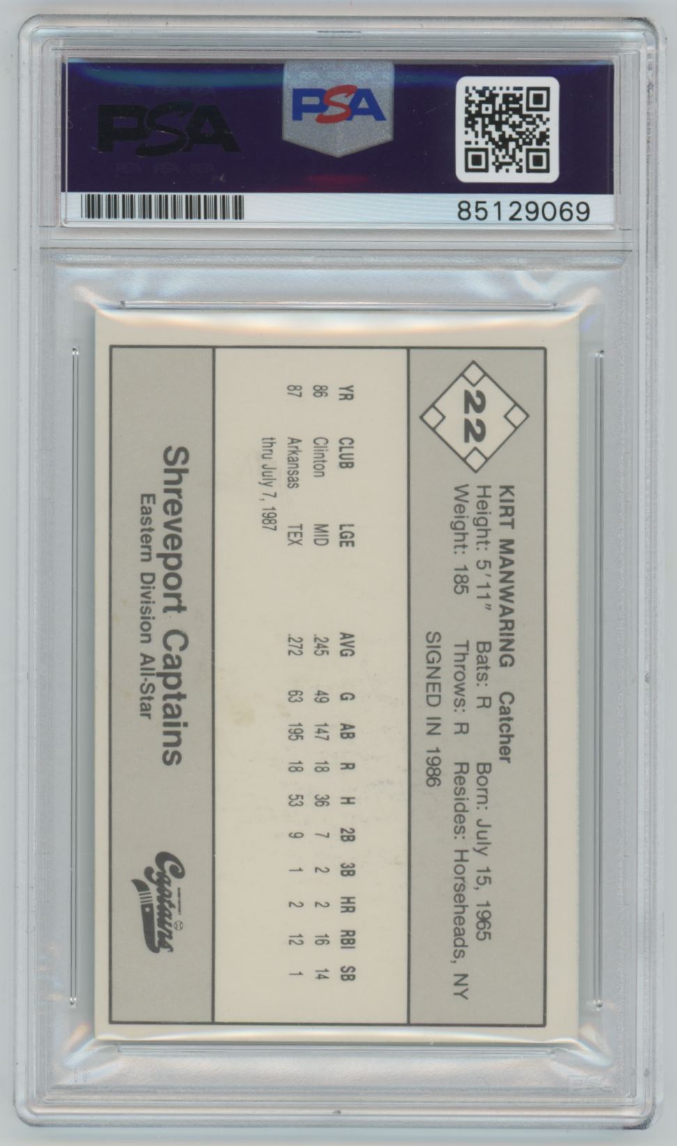 1987 Texas League Kirt Manwaring MINOR LEAGUE Rookie Card Auto - PSA/DNA