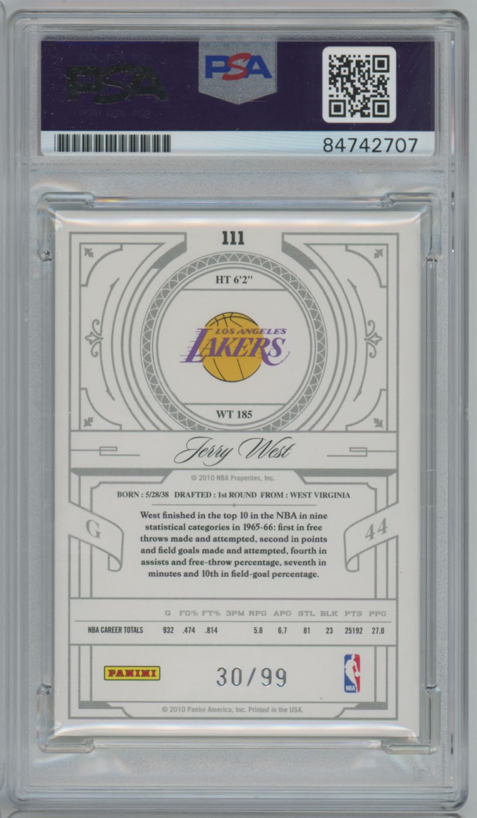 2010 National Treasures Jerry West /99 Auto "HOF 1980-2010" - PSA/DNA