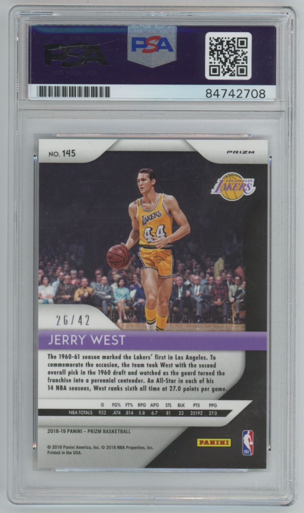 2018 Panini Prizm Pink Pulsar /42 Jerry West Auto - PSA/DNA