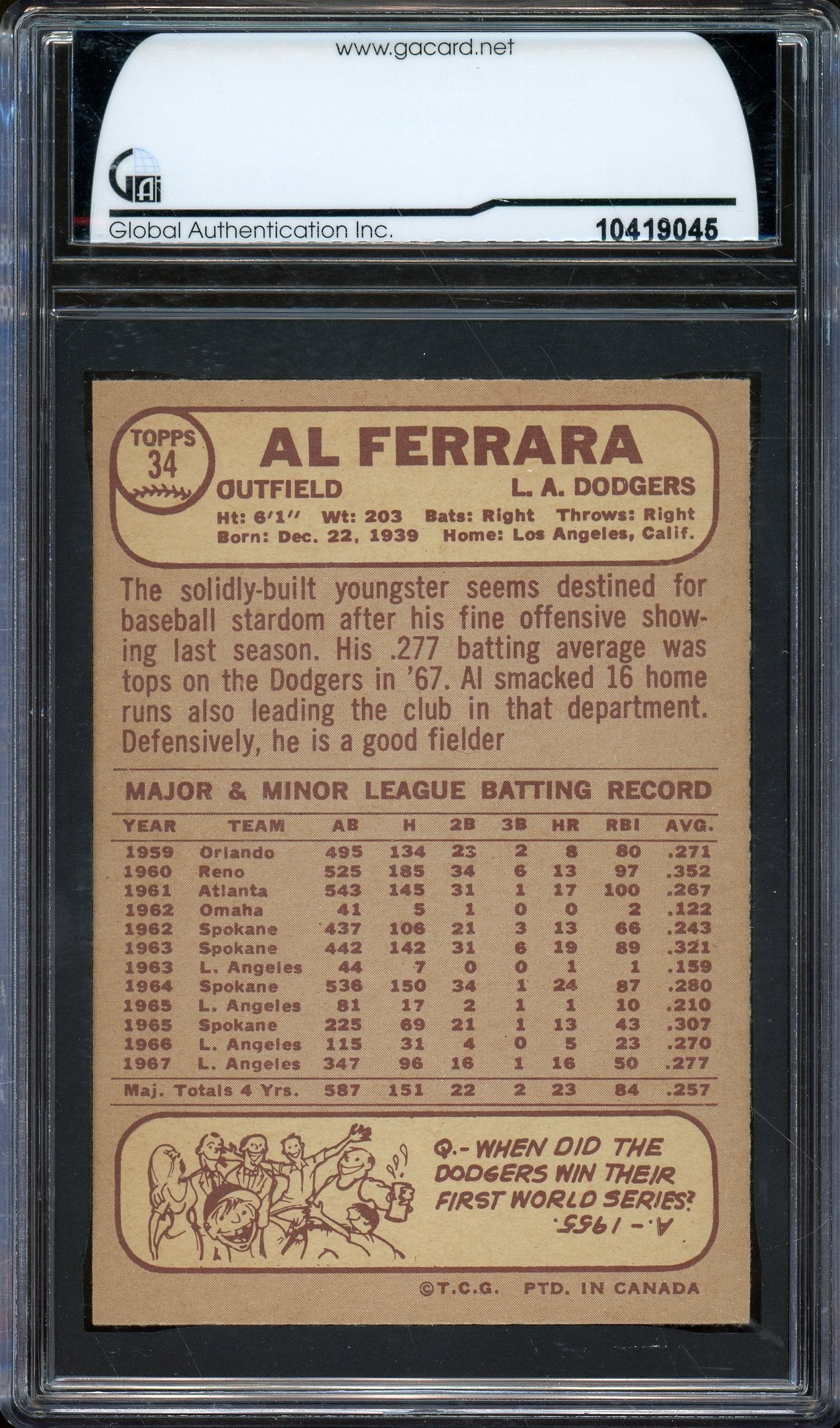 1968 O-Pee-Chee #34 Al Ferrara Other 8