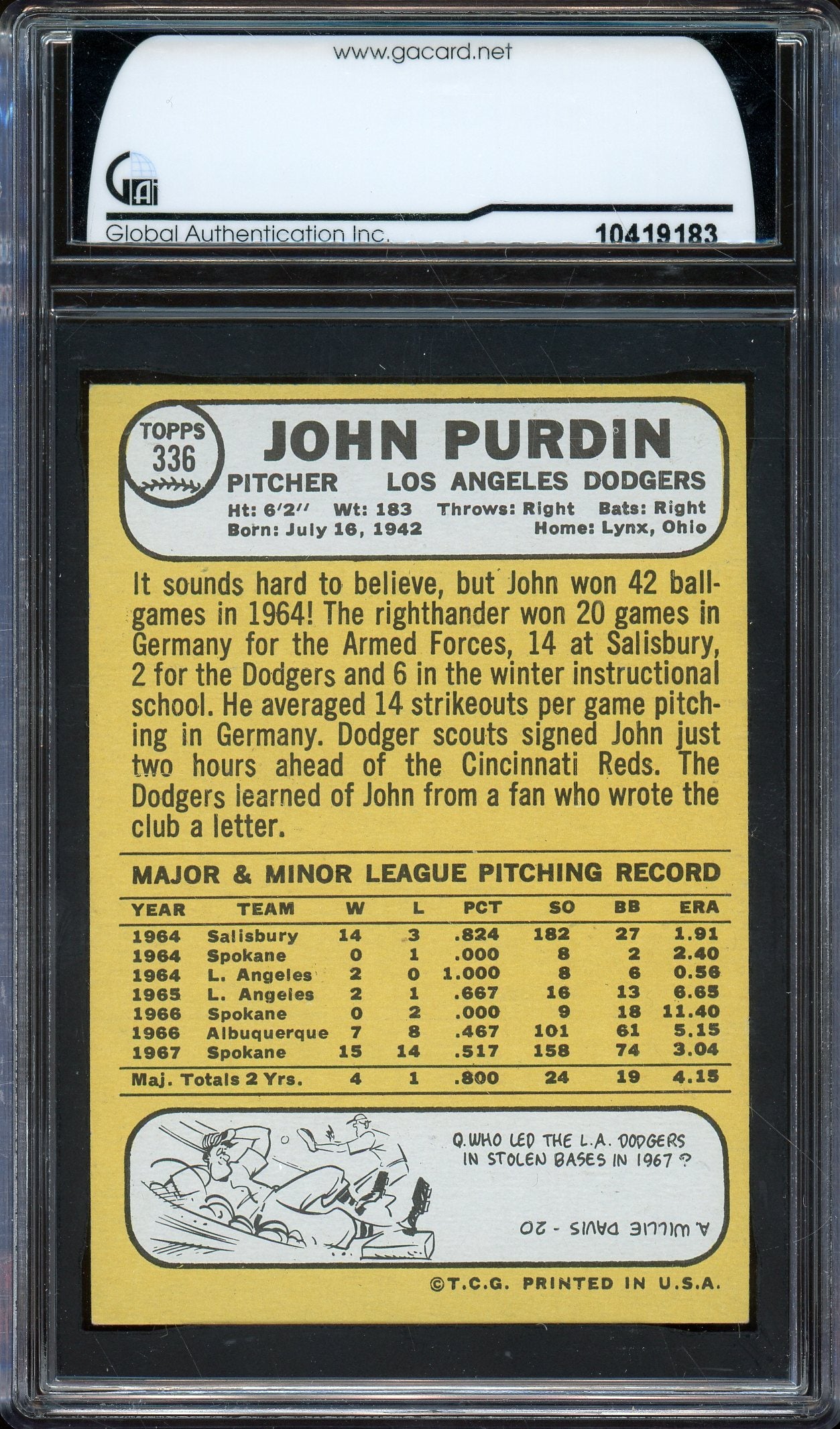 1968 Topps #336 John Purdin - GAI 8