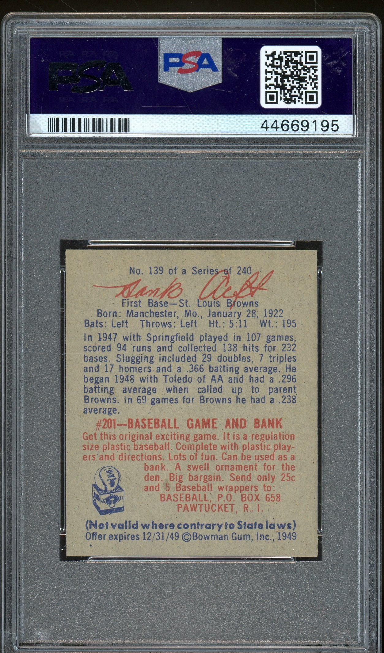 1949 Bowman #139 Hank Arft PSA 4.5