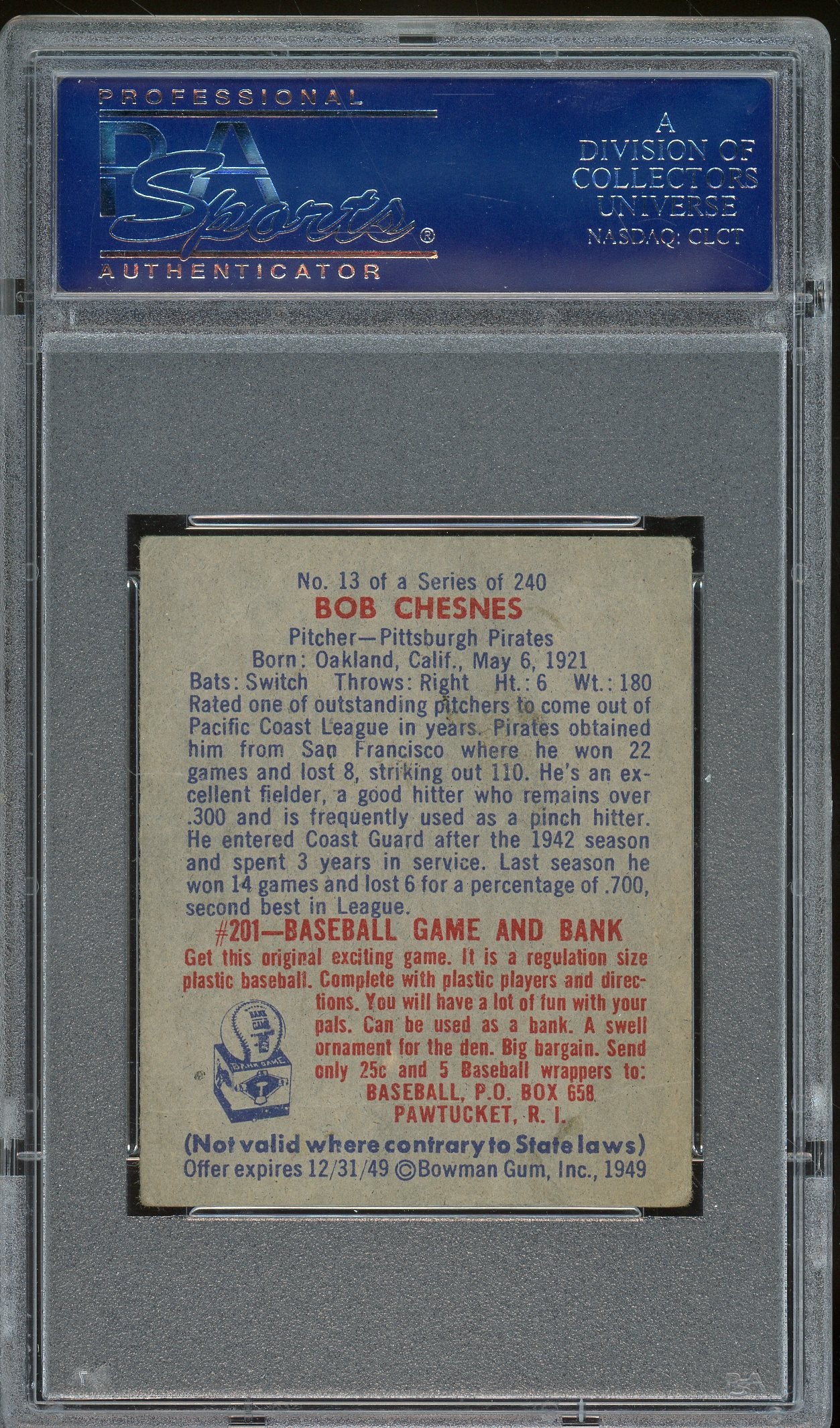1949 Bowman #13 Bob Chesnes PSA 2