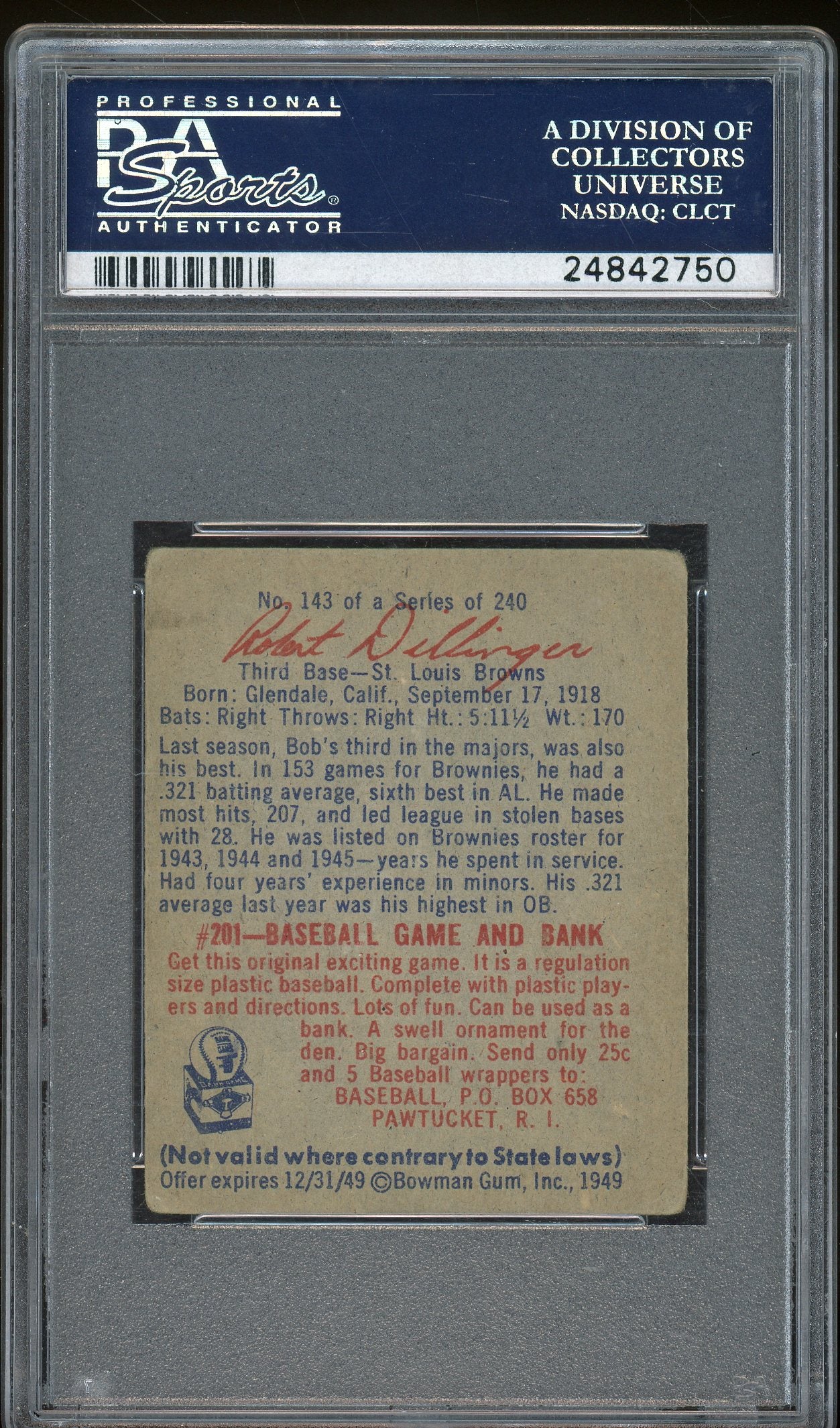 1949 Bowman #143 Bob Dillinger Script Name On Back PSA 3
