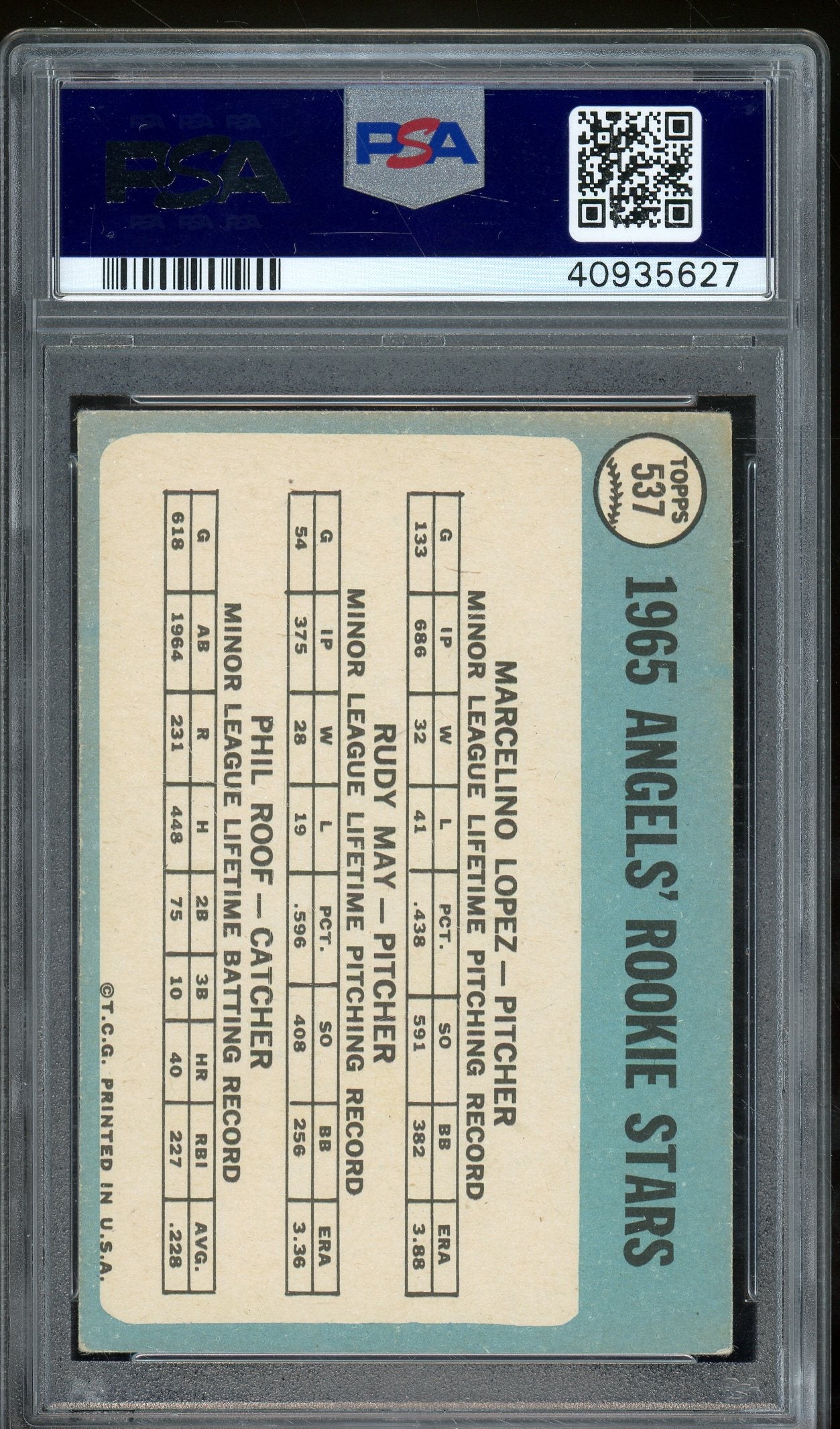 1965 Topps #537 1965 Rookie Stars (Marcelino Lopez / Rudy May / Phil Roof)