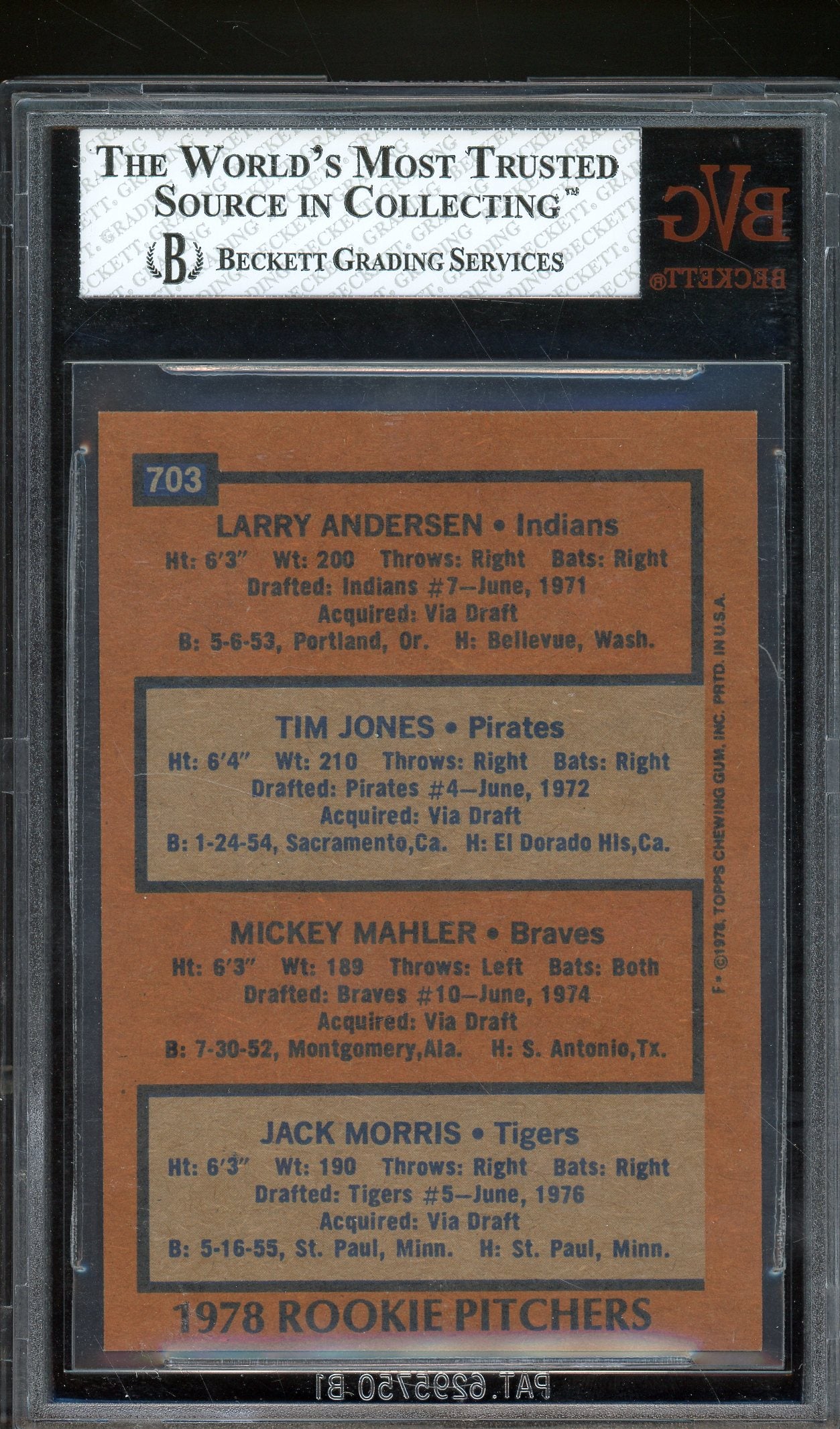 1978 Topps #703 Larry Andersen/Tim Jones/Mickey Mahler/Jack Morris - BVG 8