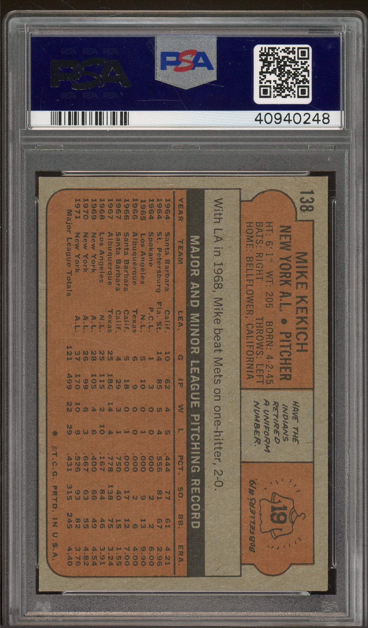 1972 Topps #138 Mike Kekich PSA 5