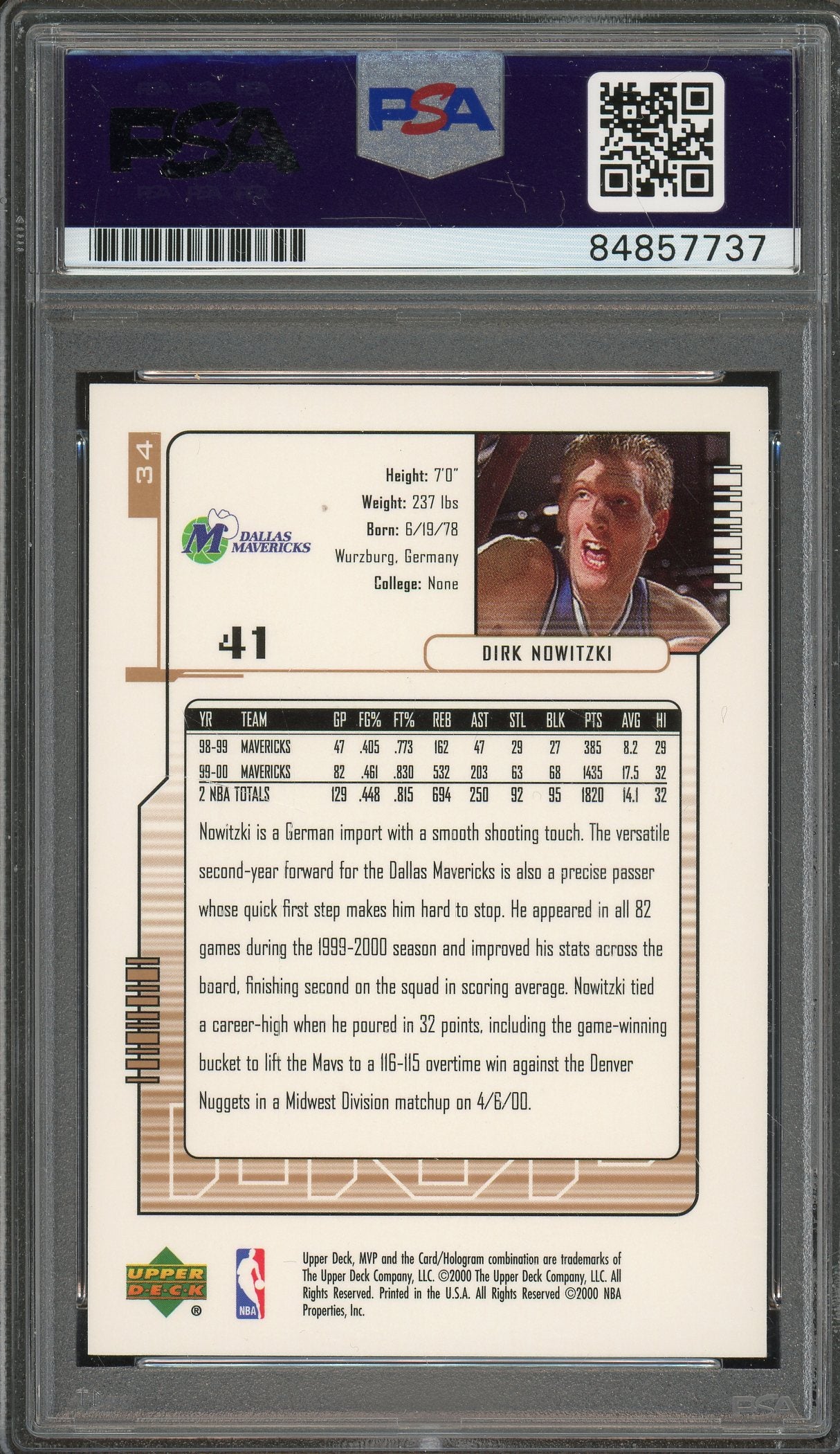 2000-01 Upper Deck MVP #34 Dirk Nowitzki Auto PSA Authentic