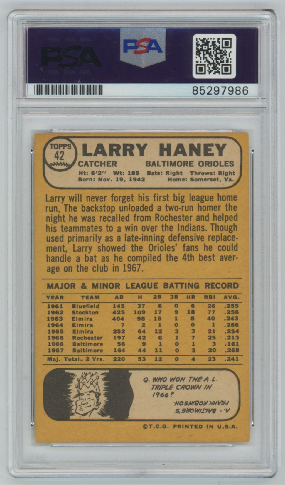 1968 Topps Larry Haney Auto - PSA/DNA Authentic (7986)