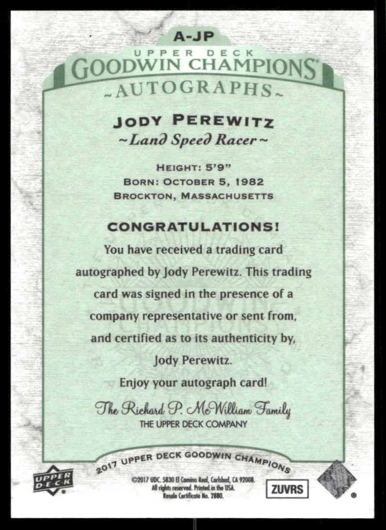 2017 Upper Deck Goodwin Champions #A-JP Jody Perewitz Autographs Inscribed #/650