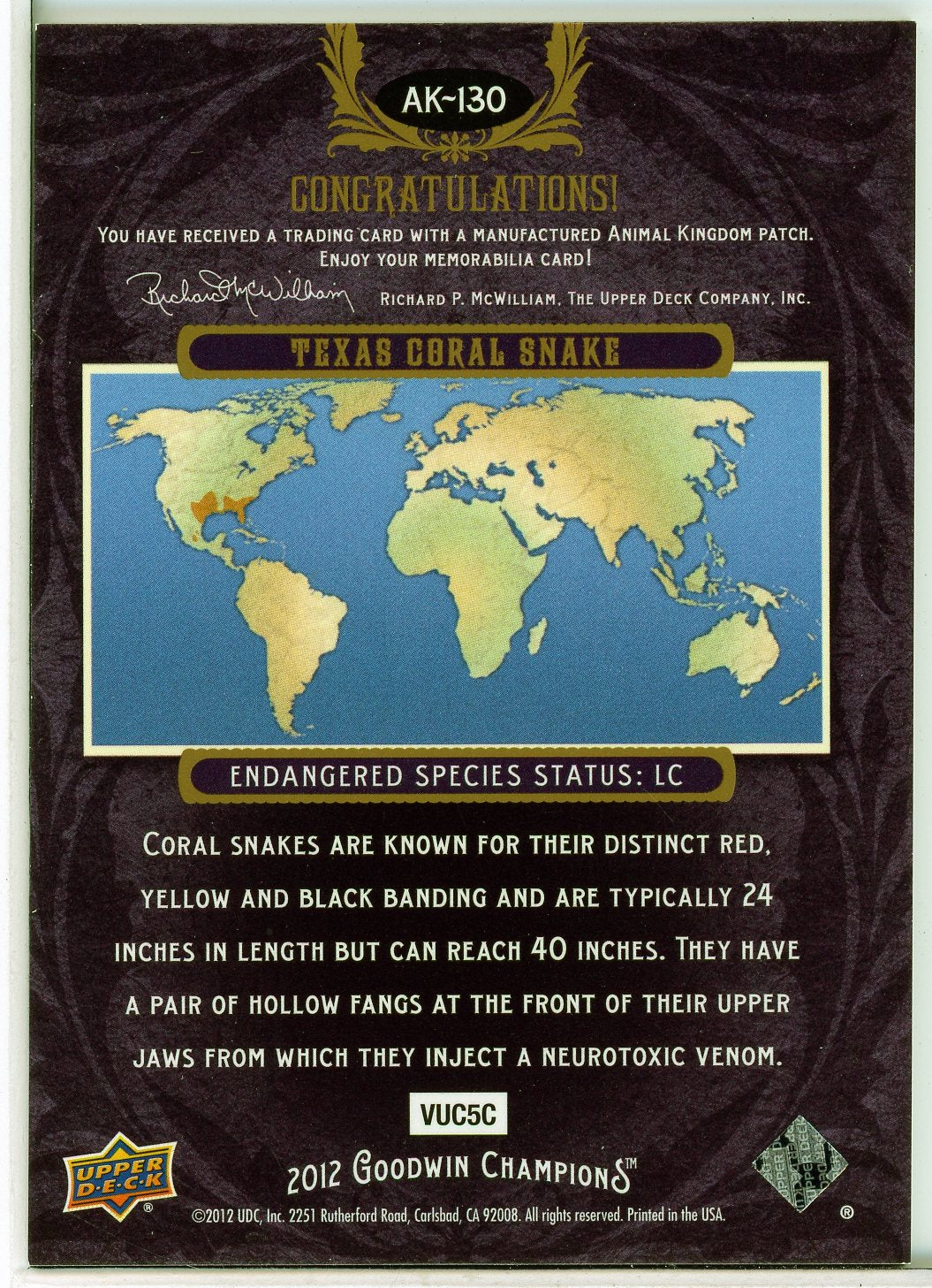 2012 Upper Deck Goodwin Champions Texas Coral Snake Animal Kingdom Patches