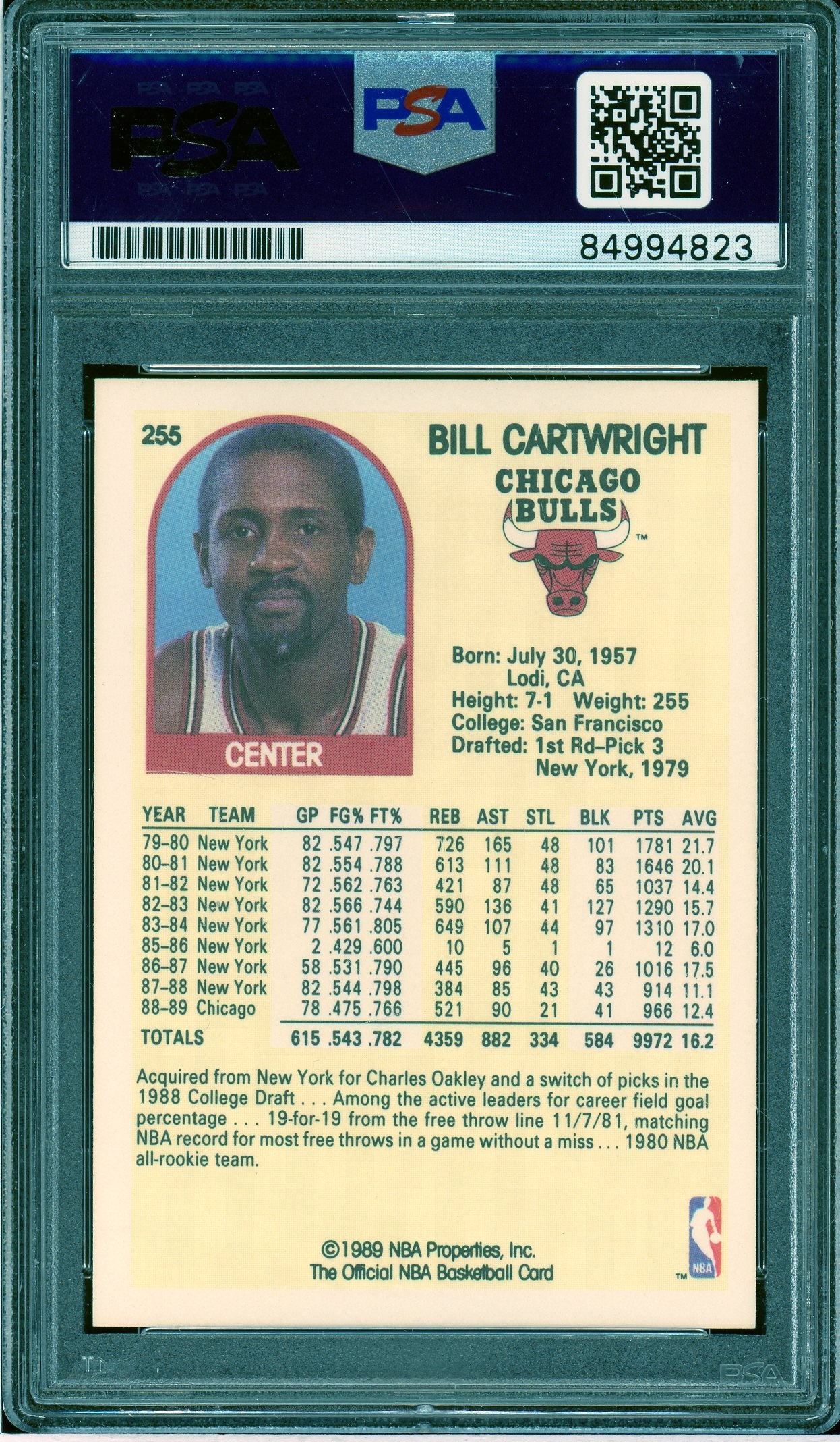 1989-90 Hoops #255 Bill Cartwright Auto PSA Authentic (4823)