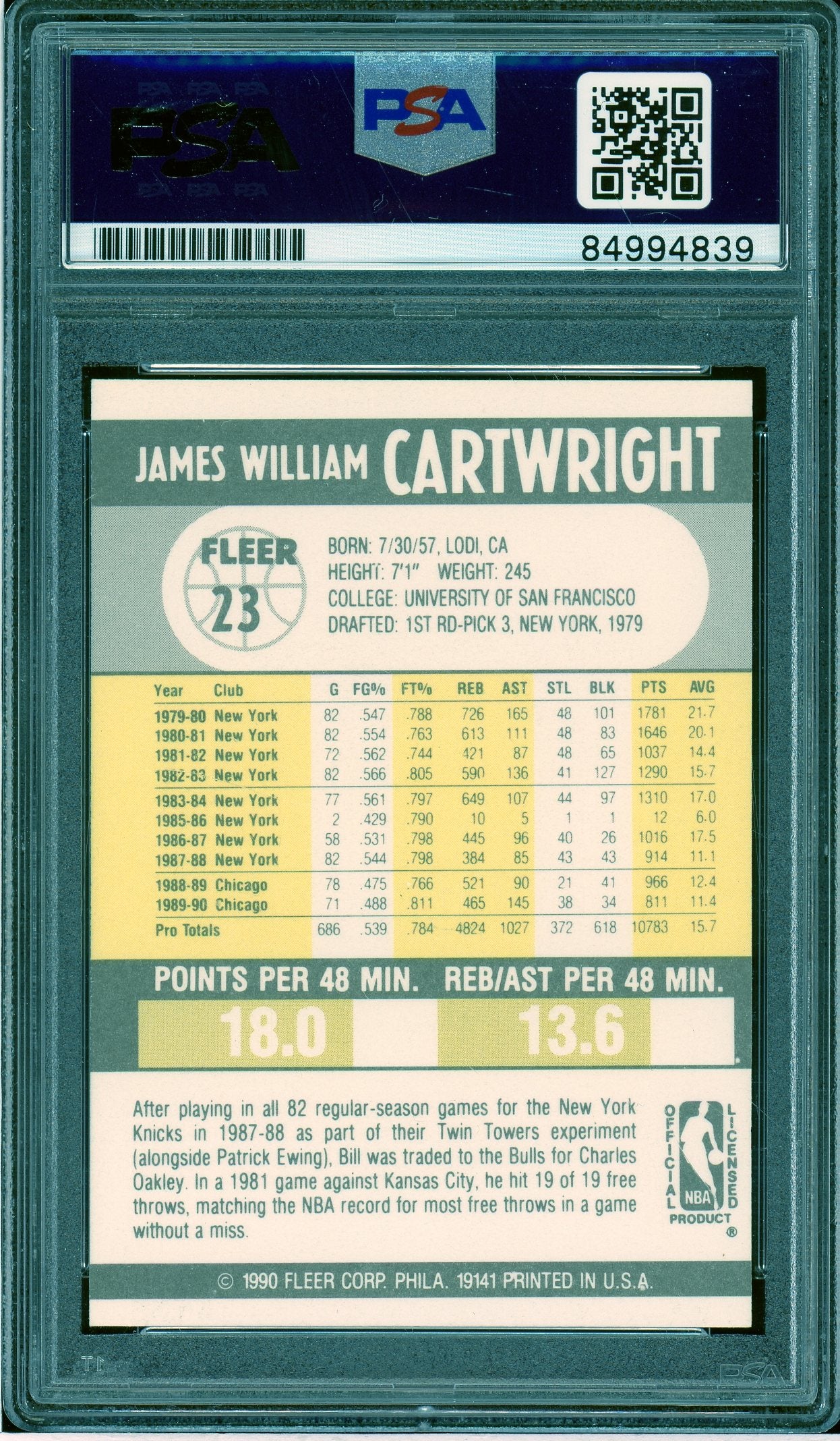 1990-91 Fleer #23 Bill Cartwright Auto PSA Authentic (4839)