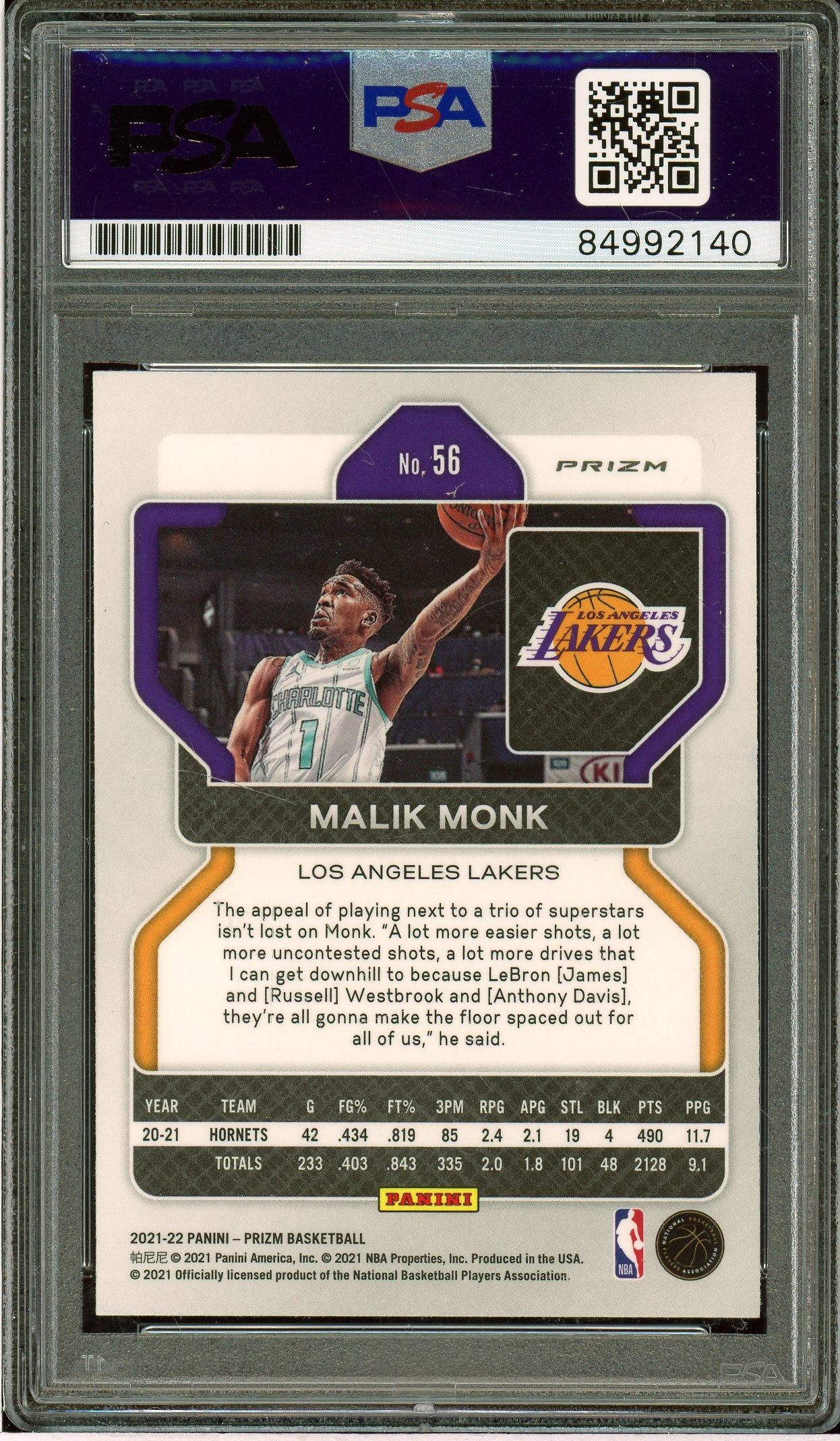 2021-22 Panini Prizm #56 Malik Monk Silver Auto PSA 10 (Auto Grade) - 2140