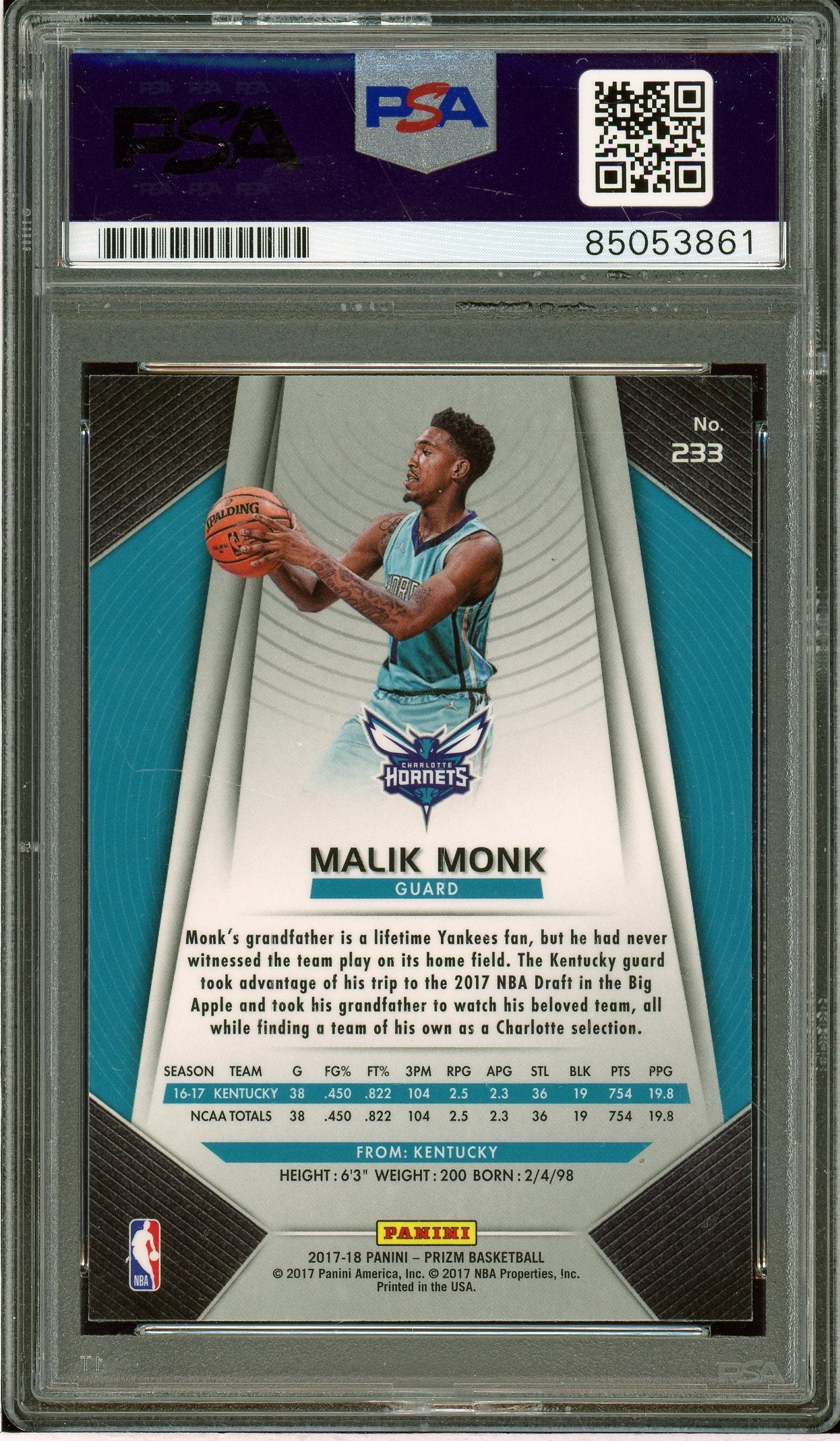 2017-18 Panini Prizm #233 Malik Monk Rookie Auto PSA Authentic (3861)