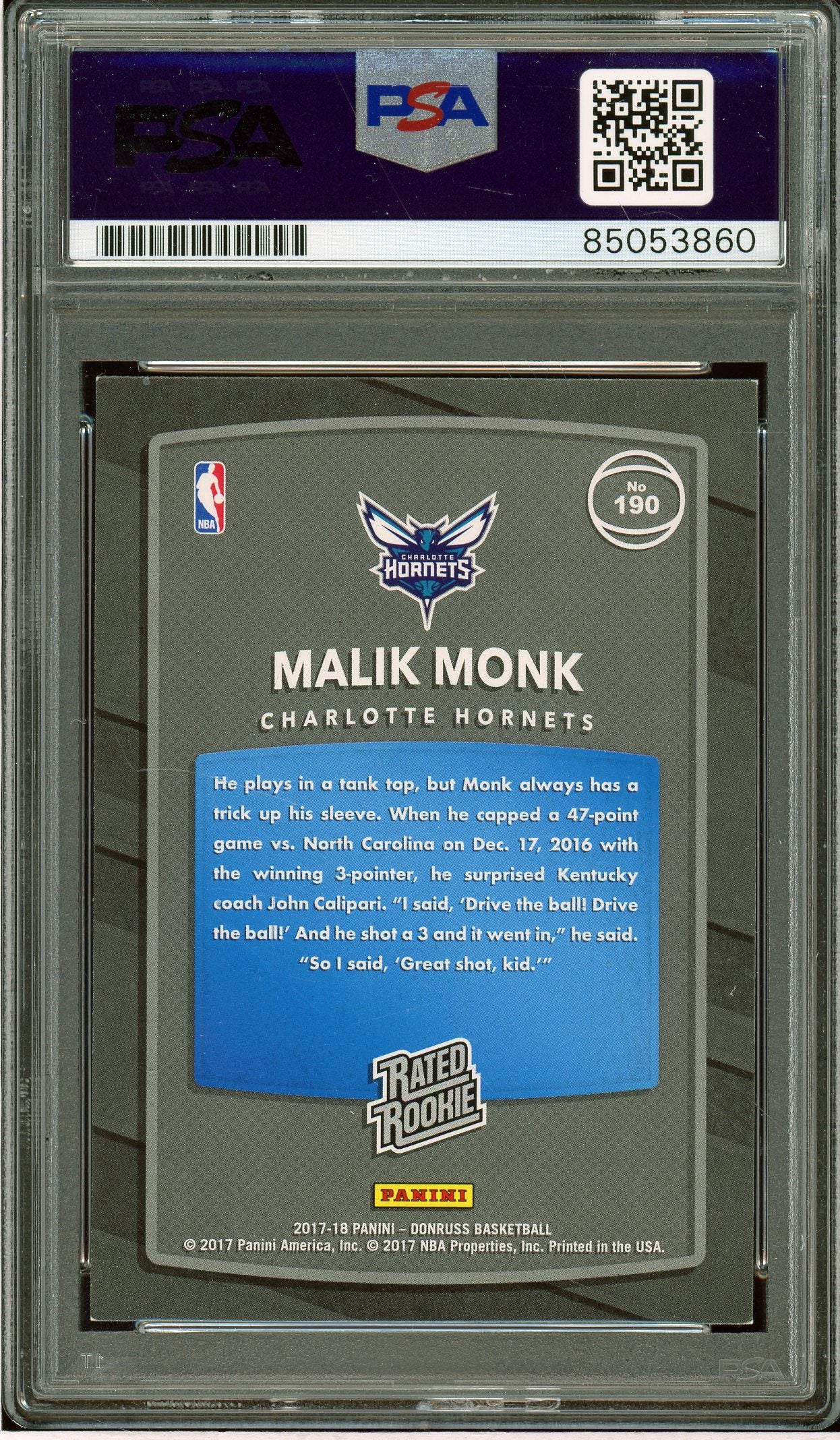 2017-18 Donruss #190 Malik Monk Rookie Auto PSA Authentic (3860)