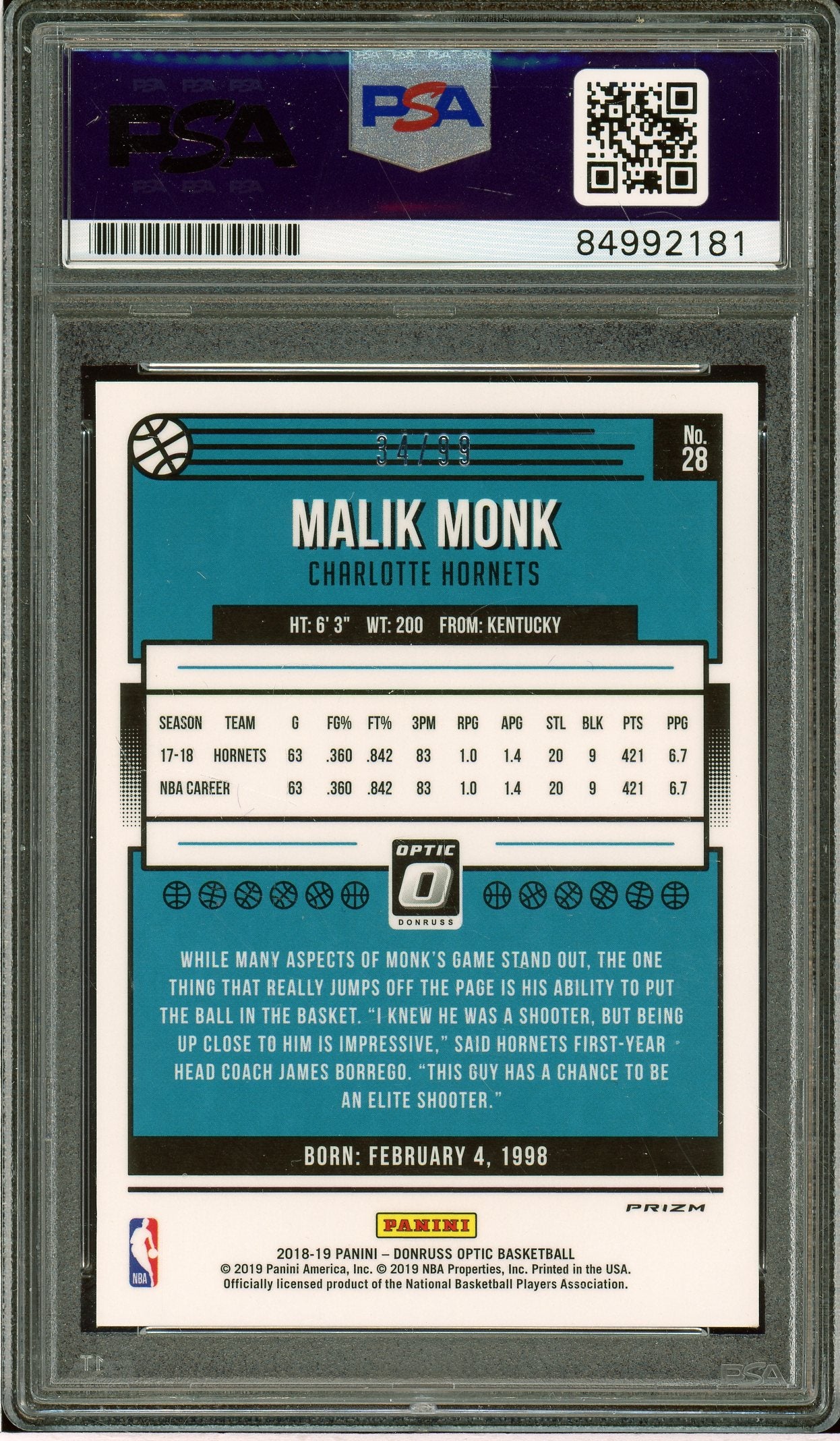 2018-19 Donruss Optic #28 Malik Monk Red Auto /99 PSA Authentic (2181)