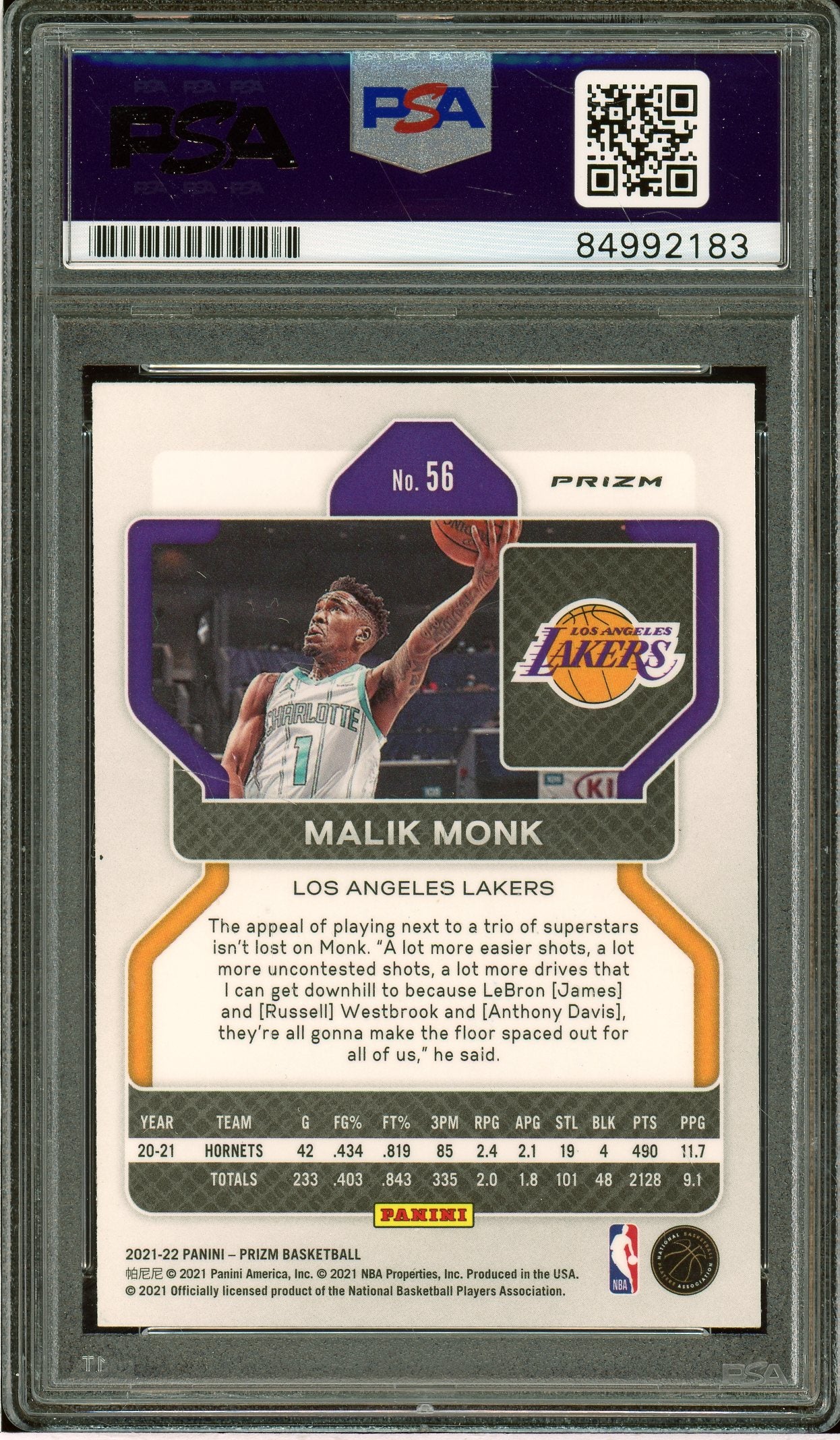 2021-22 Prizm #56 Malik Monk Ruby Wave Auto PSA Authentic