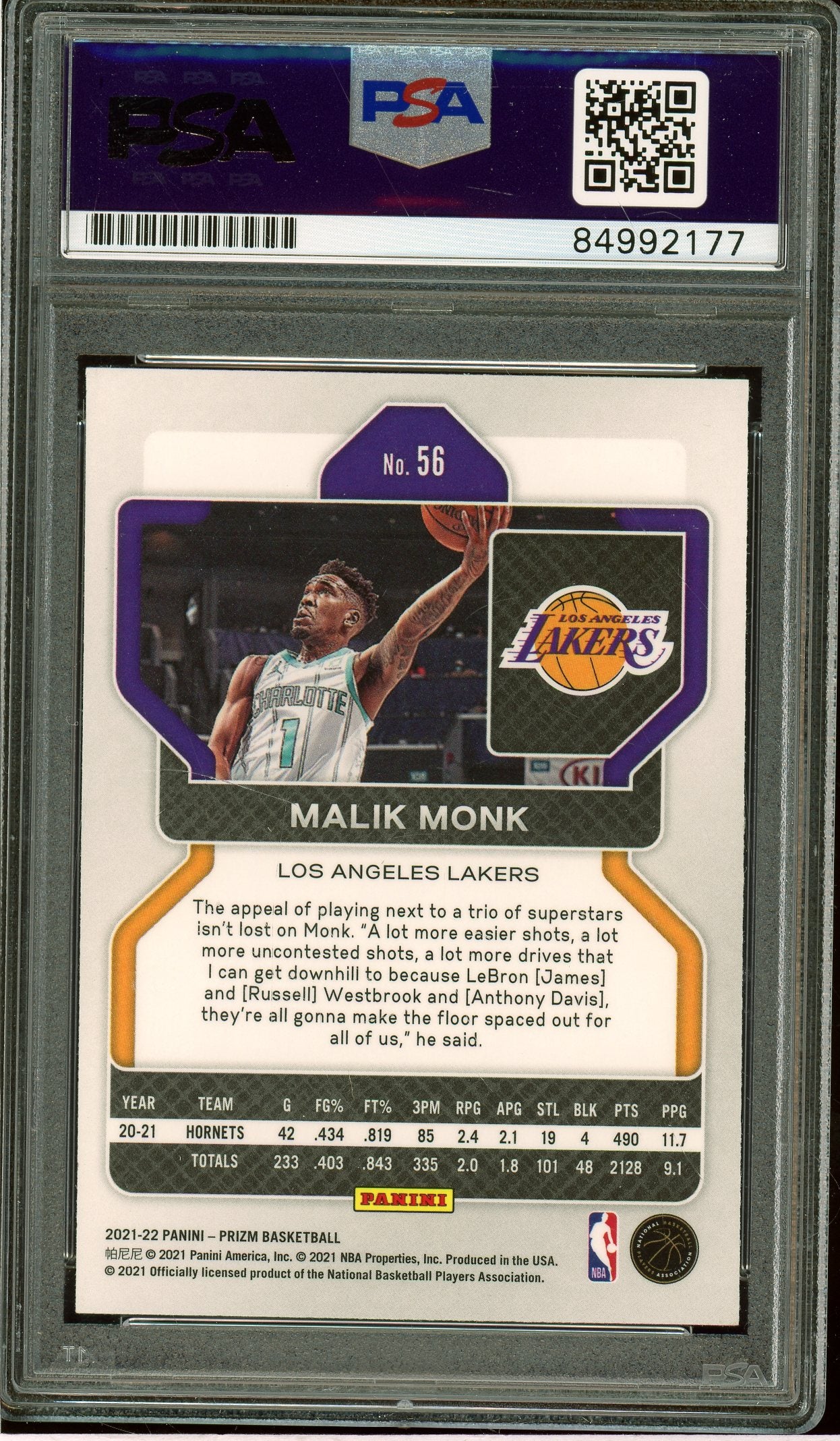 2021-22 Panini Prizm #56 Malik Monk Auto PSA Authentic (2177)