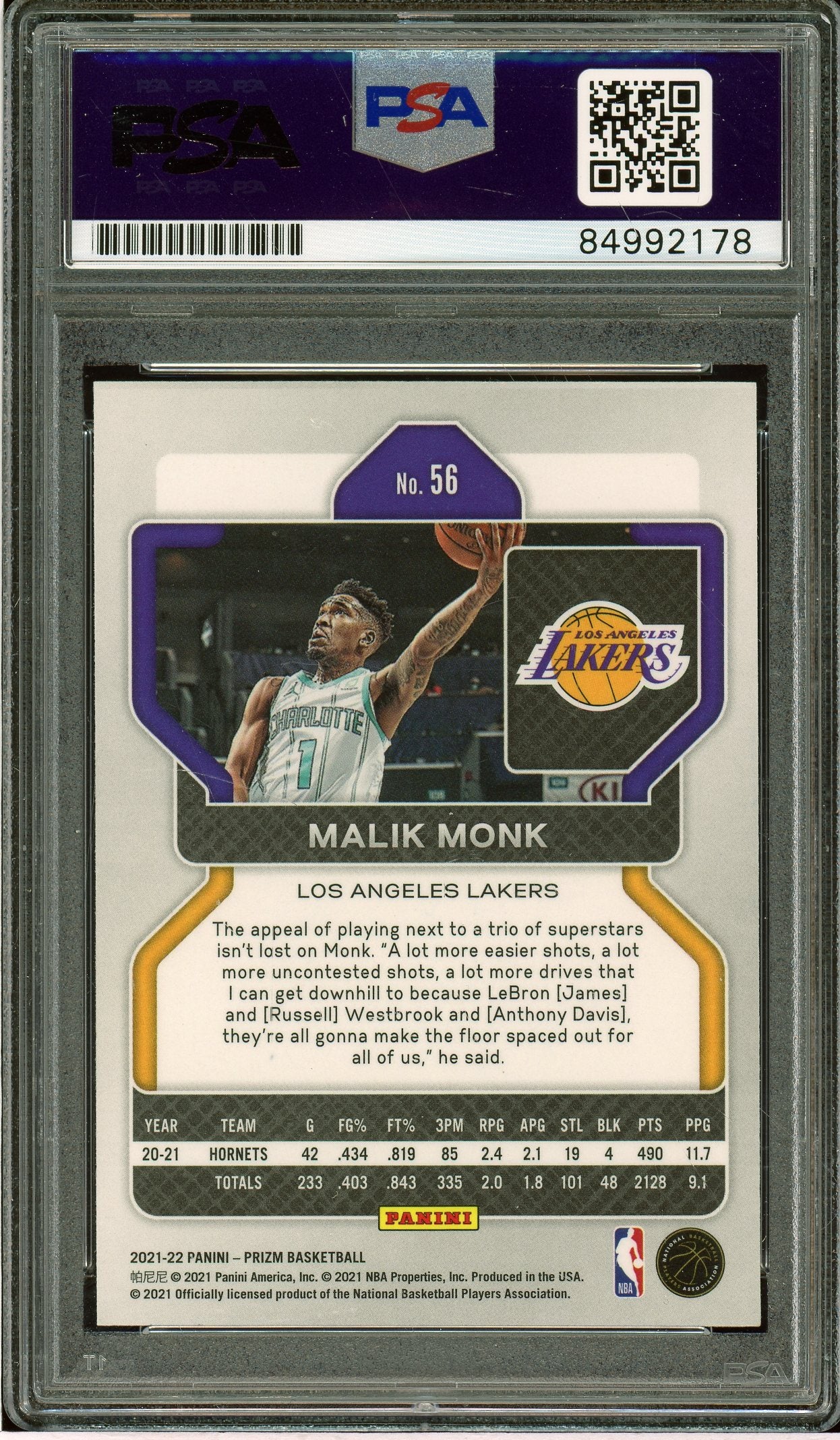 2021-22 Panini Prizm #56 Malik Monk Auto PSA Authentic (2178)