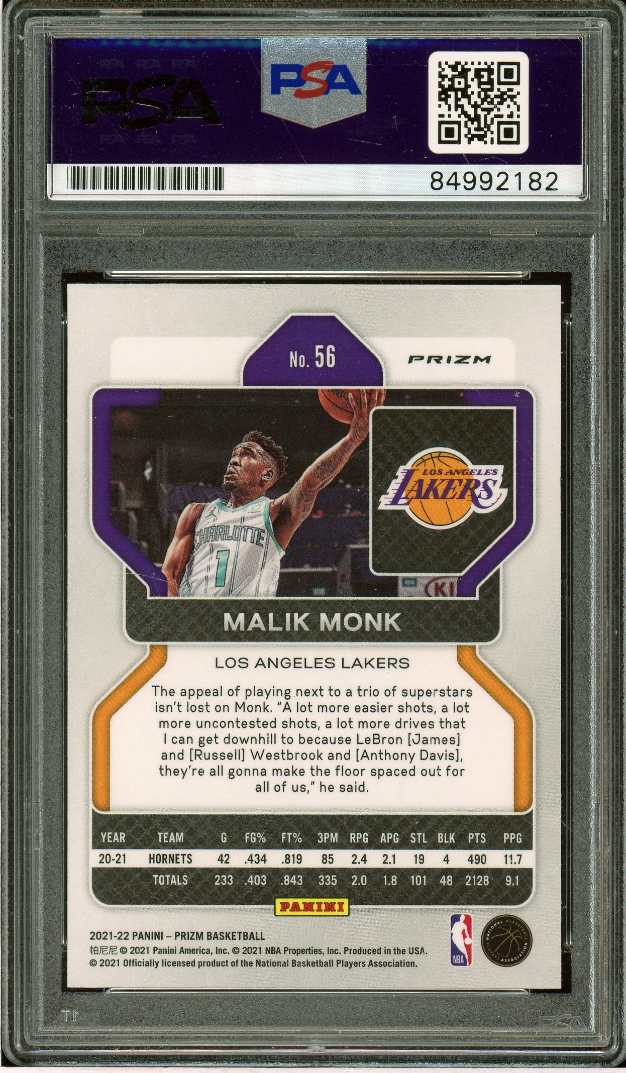 2021-22 Panini Prizm #56 Malik Monk Ice Auto PSA Authentic (2182)