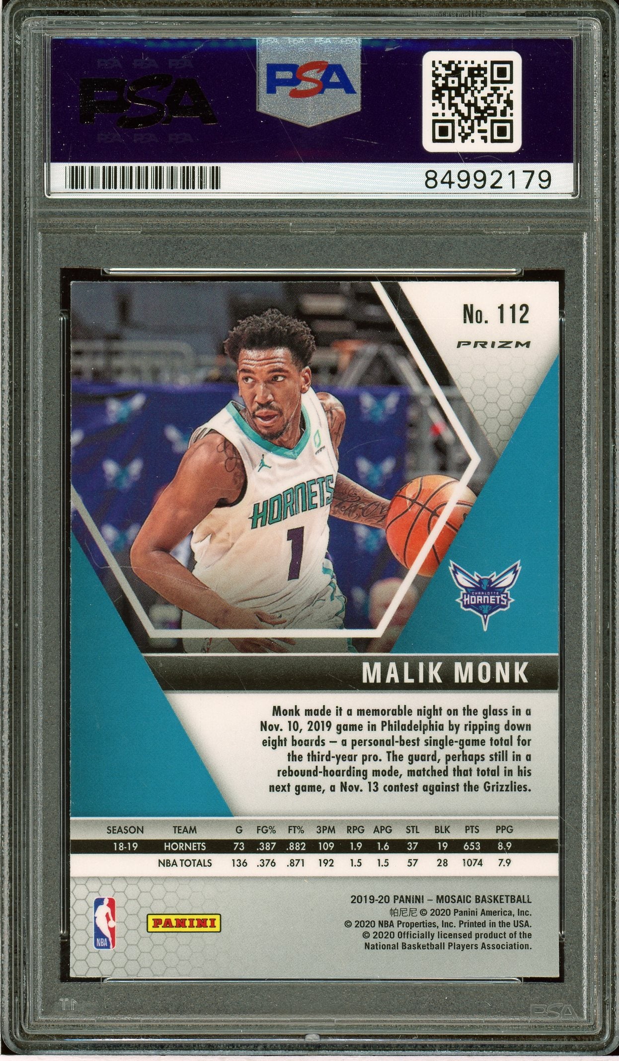 2019-20 Panini Mosaic #112 Malik Monk Reactive Orange Auto PSA Authentic (2179)