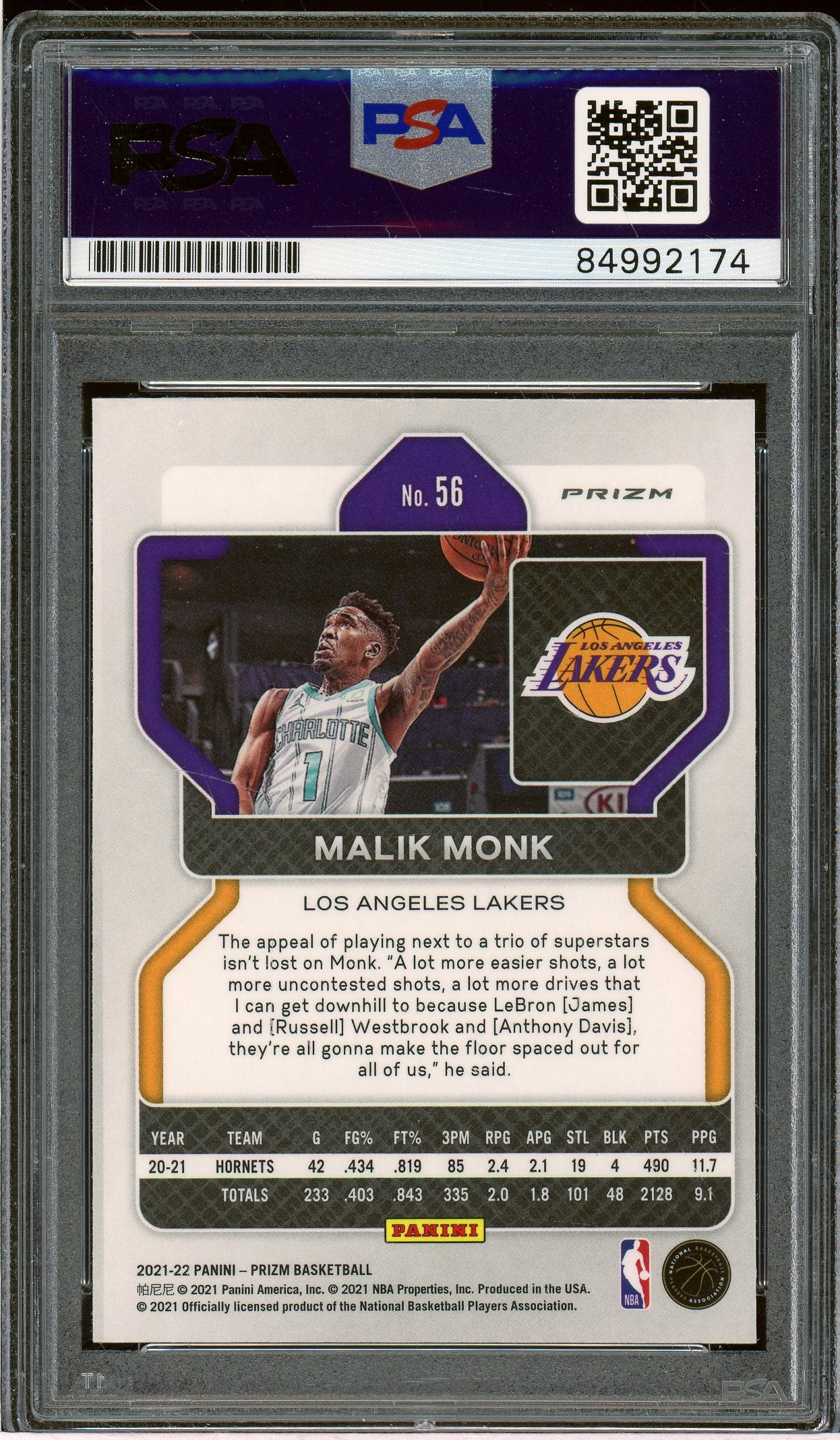 2021-22 Panini Prizm #56 Malik Monk Silver Auto PSA Authentic (2174)