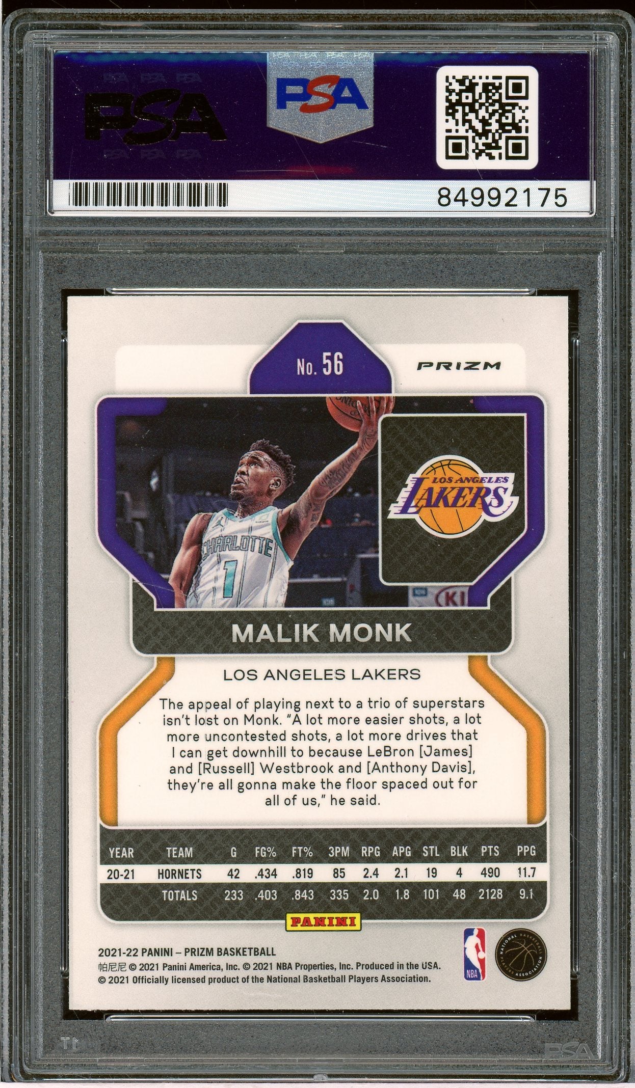 2021-22 Panini Prizm #56 Malik Monk Silver Auto PSA Authentic (2175)