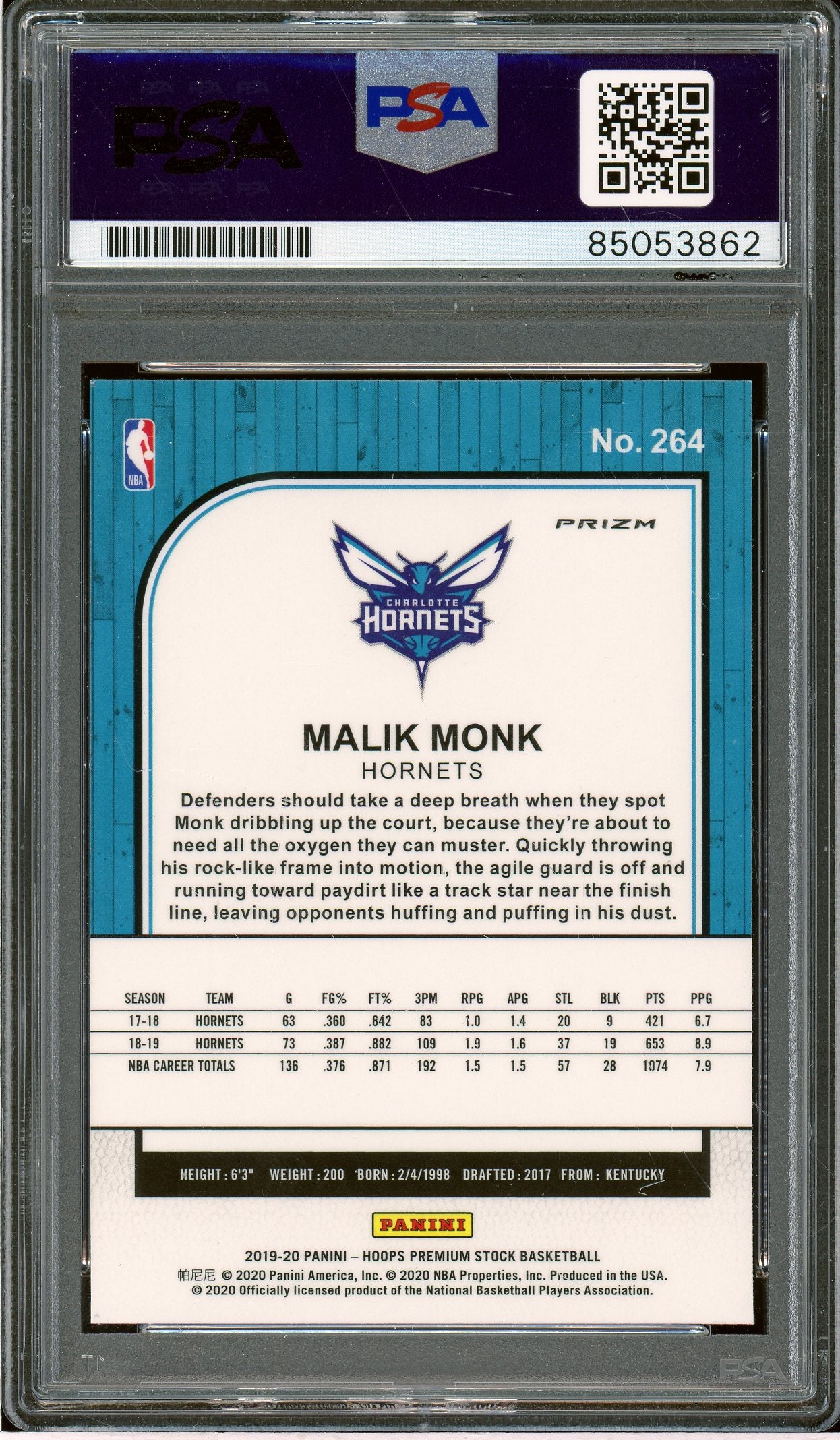2019-20 Hoops Premium Stock #264 Malik Monk Prizm Silver Laser Auto PSA/DNA
