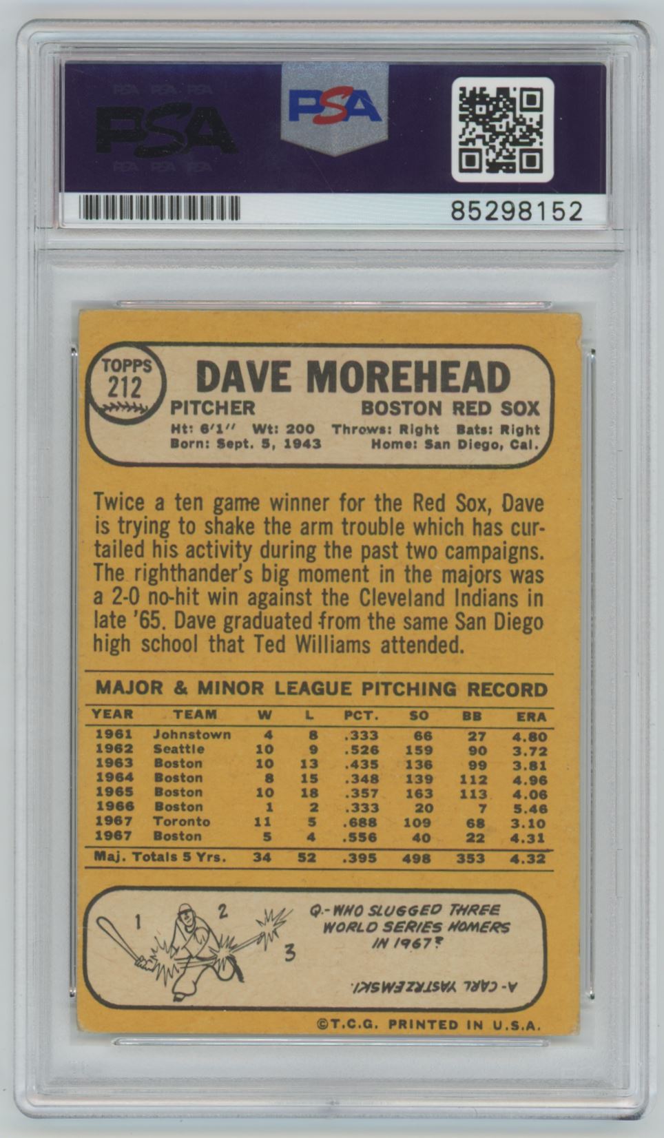 1968 Topps Dave Morehead Auto - PSA/DNA Authentic (8152)