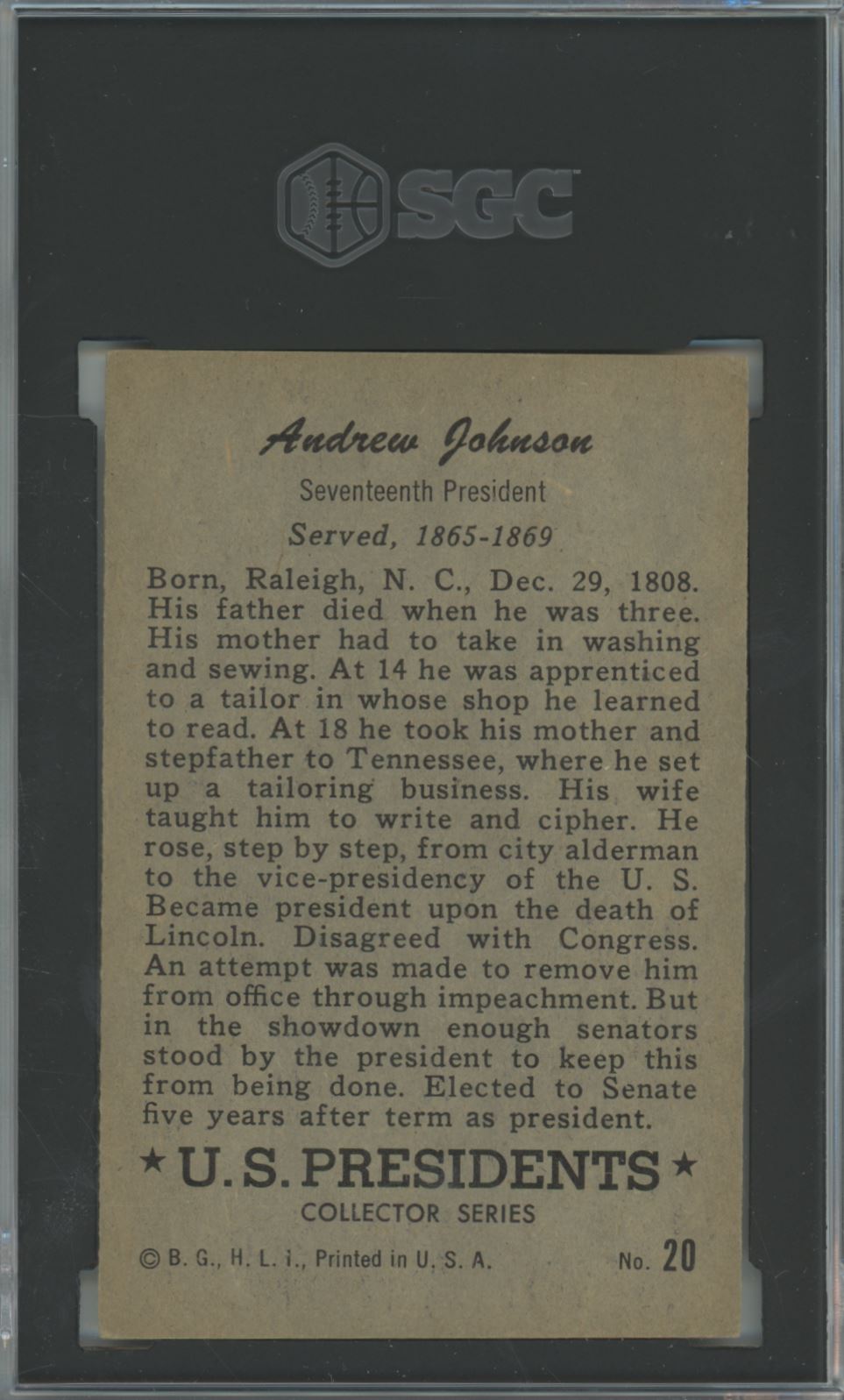 1952 Bowman Andrew Johnson #20 U.S. Presidents - SGC 5