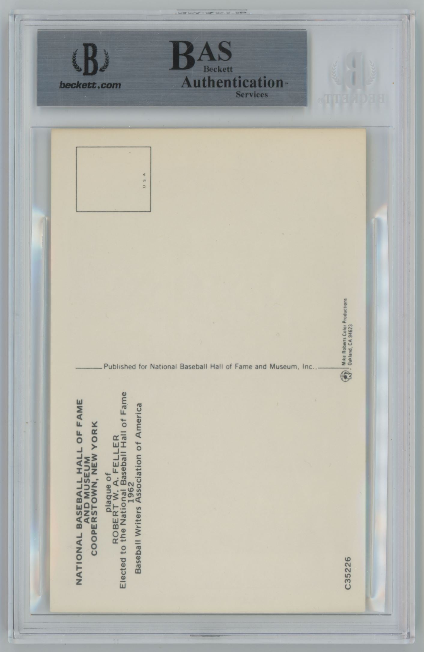 Hall of Fame Plaque Postcard Bob Feller Auto - Beckett Authentic