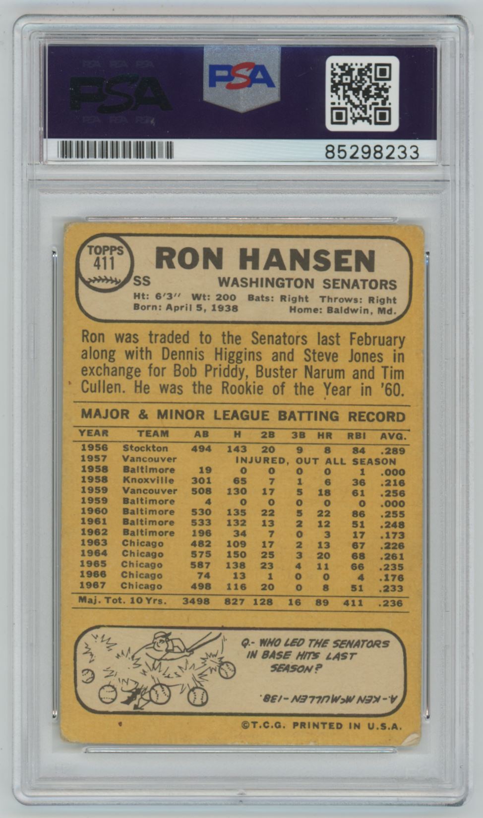 1968 Topps Ron Hansen PSA/DNA - Authentic (8233)