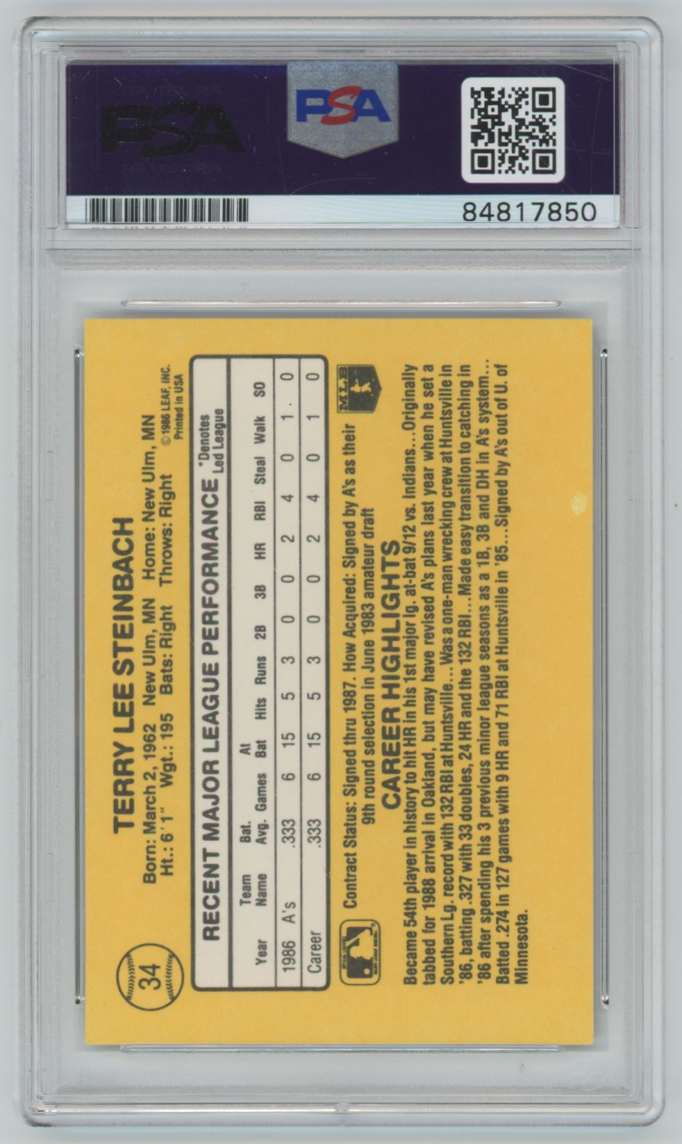 1987 Donruss Rated Rookie Terry Steinbach #34 Auto - PSA/DNA