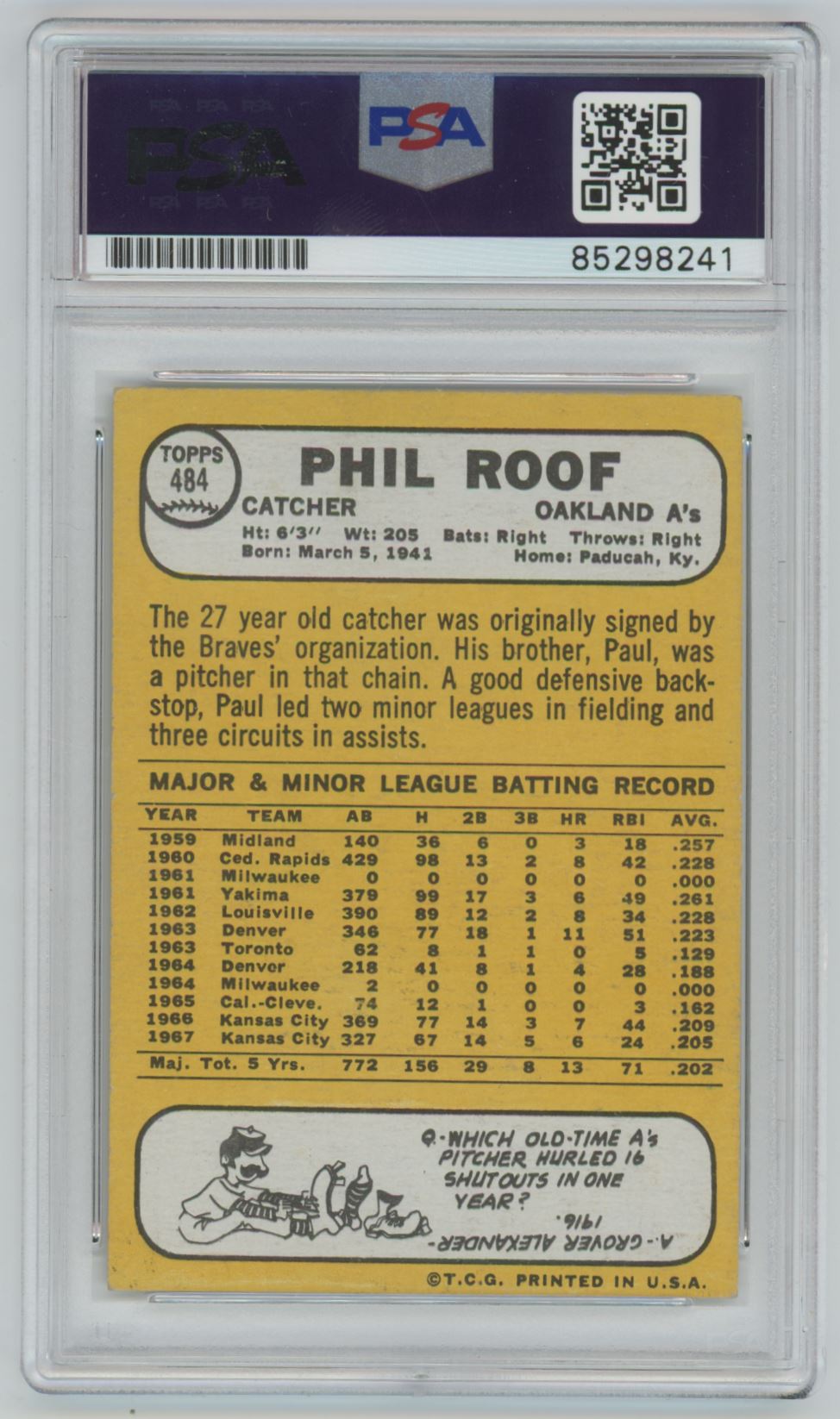 1968 Topps Phil Roof Auto - PSA/DNA Authentic (8241)